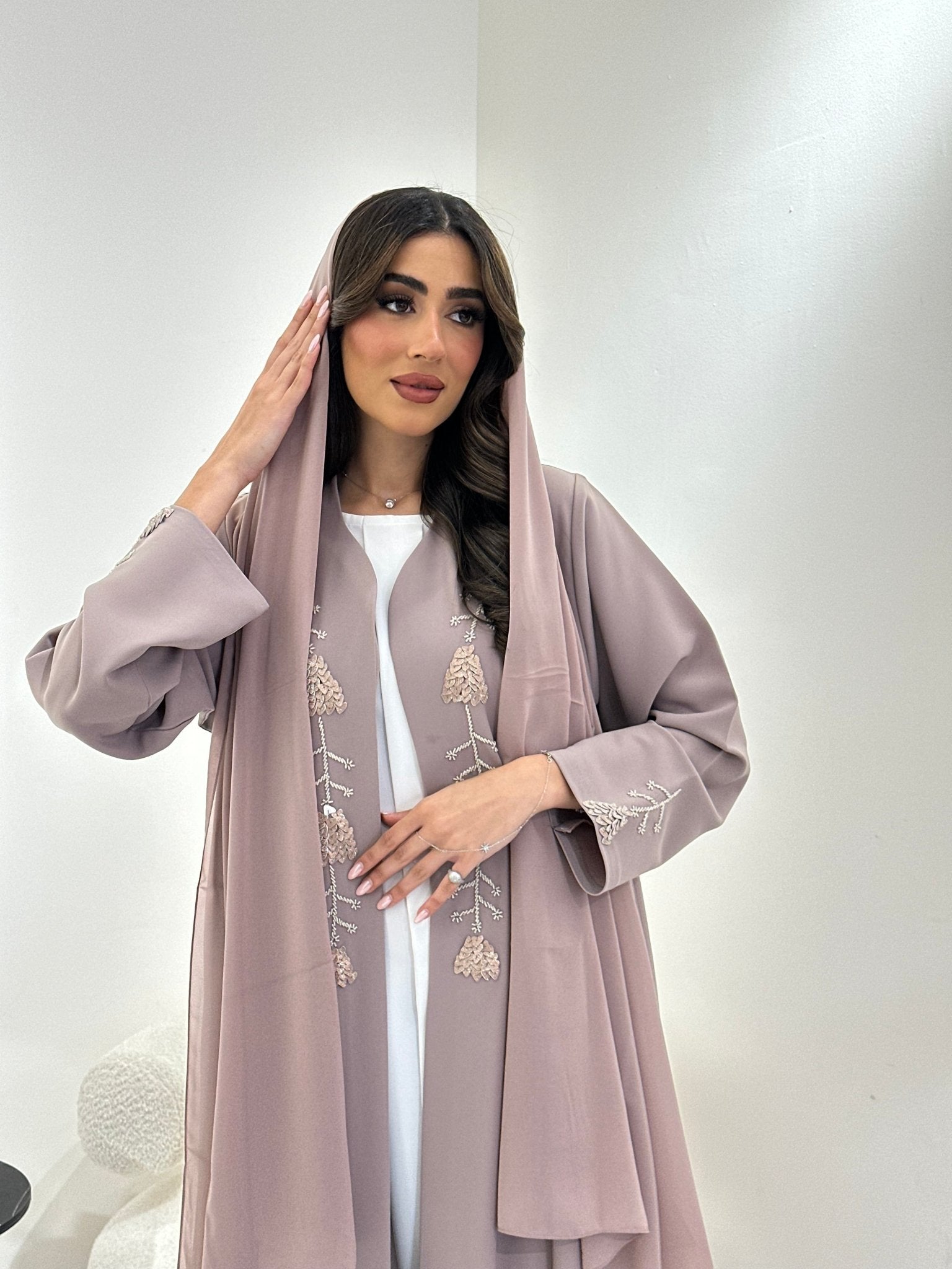 C 0911 Nude Beaded Eid Abaya