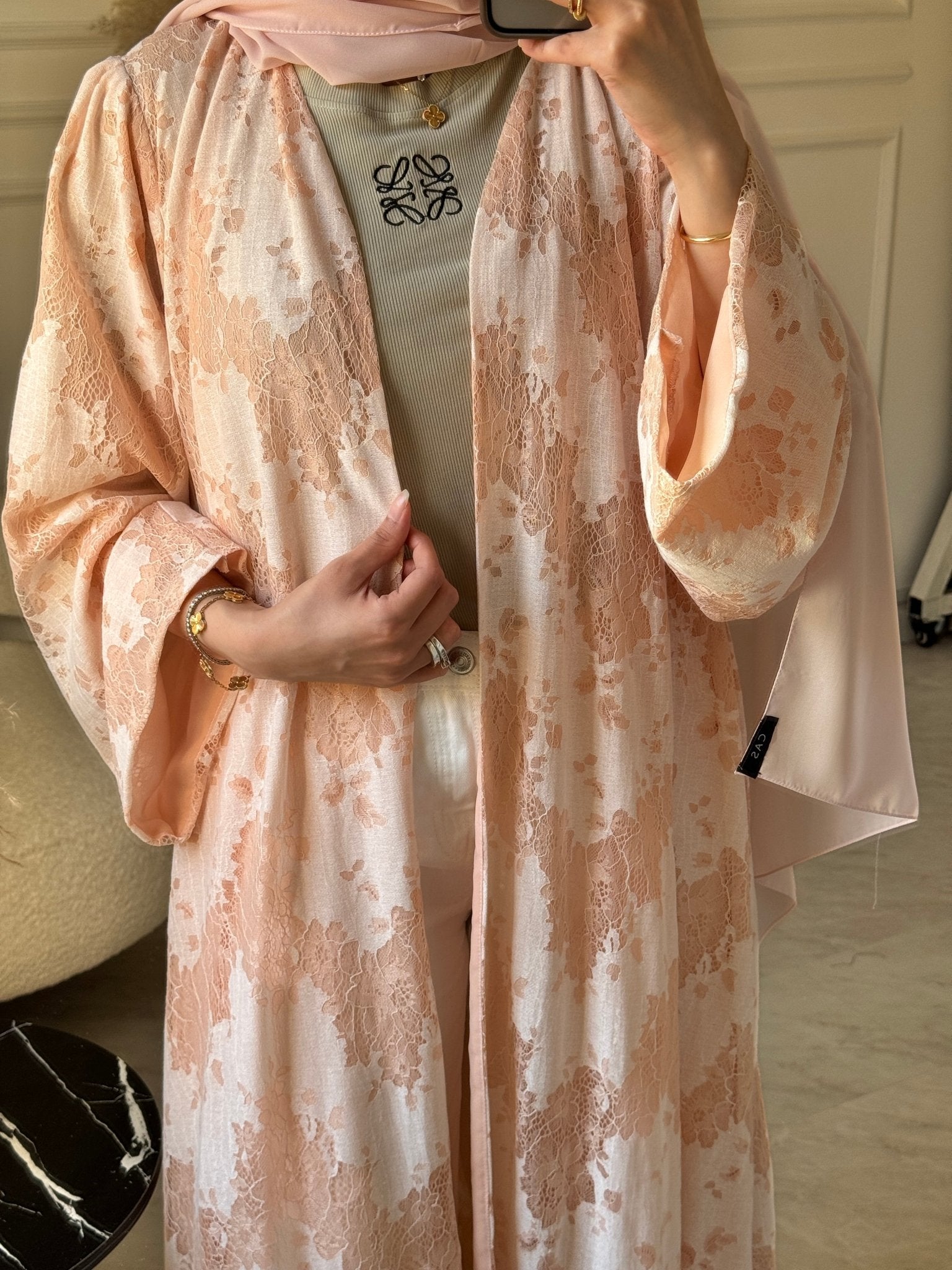 C 1179 Peach Dantel Abaya