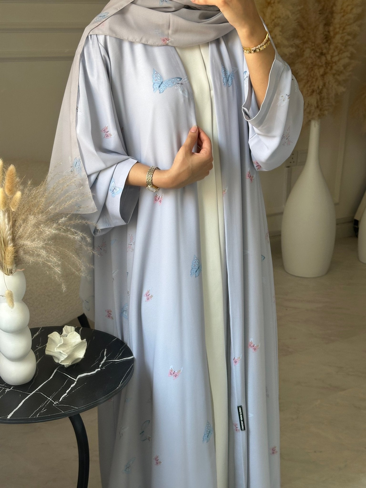 C 1205 Baby Blue Printed Abaya