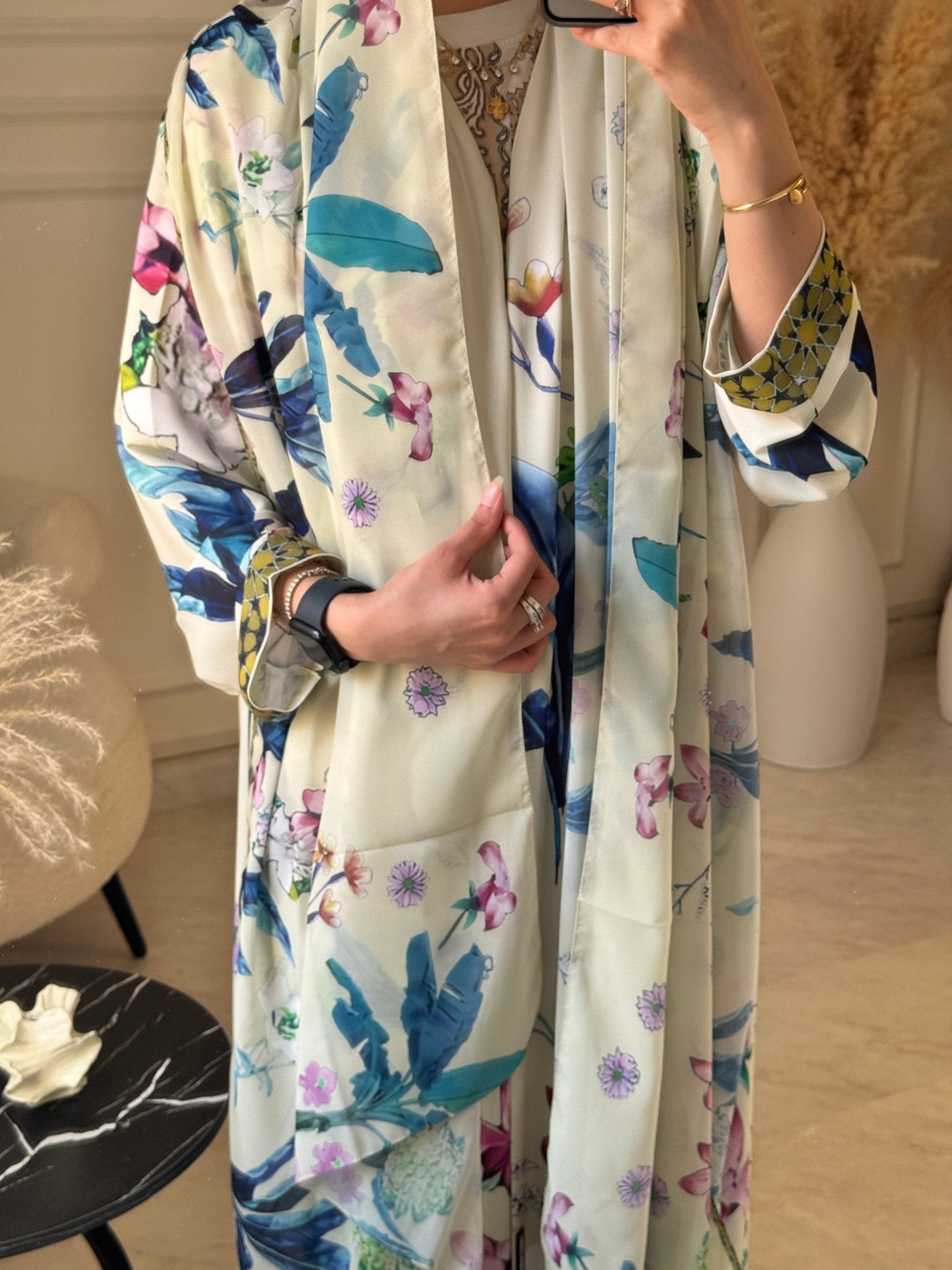C 1209 Beige Printed Abaya