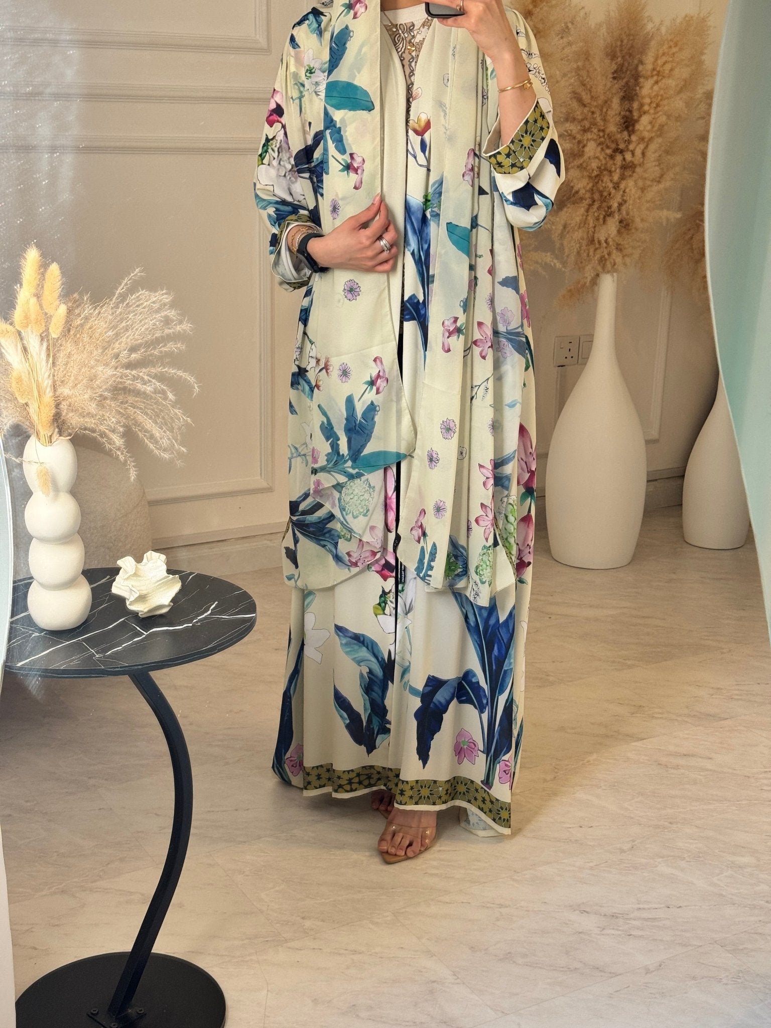 C 1209 Beige Printed Abaya