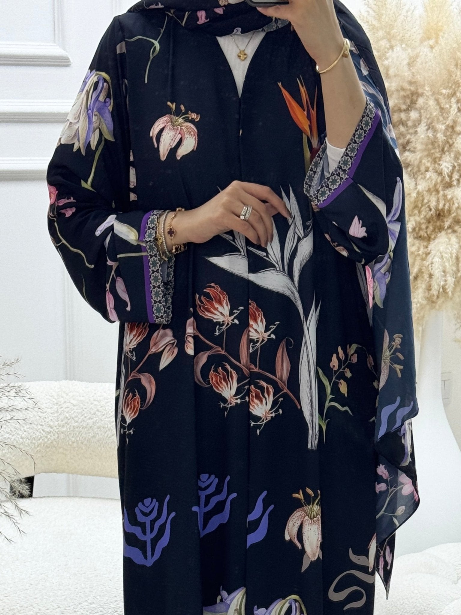 C 1247 Black Floral Printed Abaya