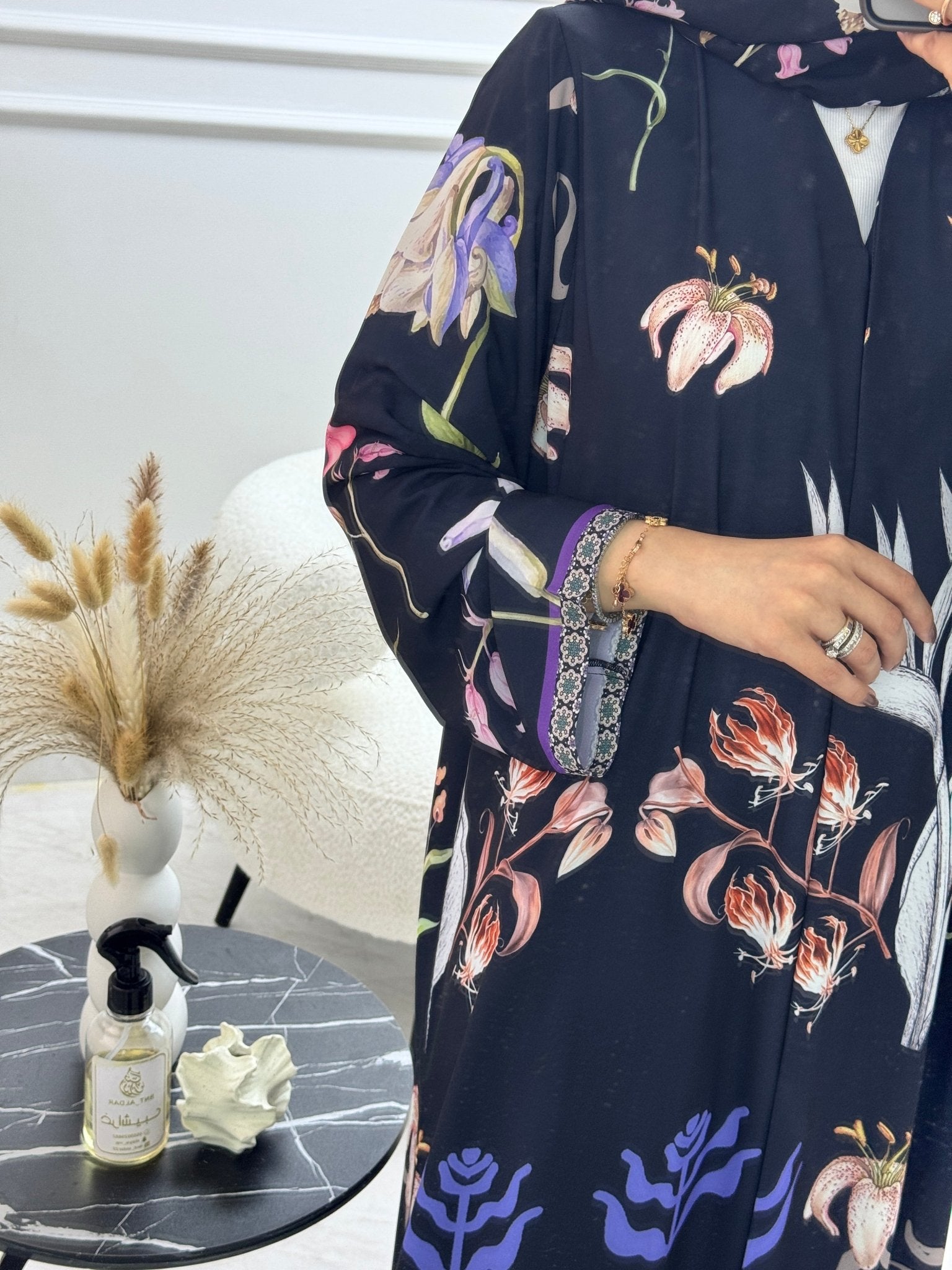 C 1247 Black Floral Printed Abaya