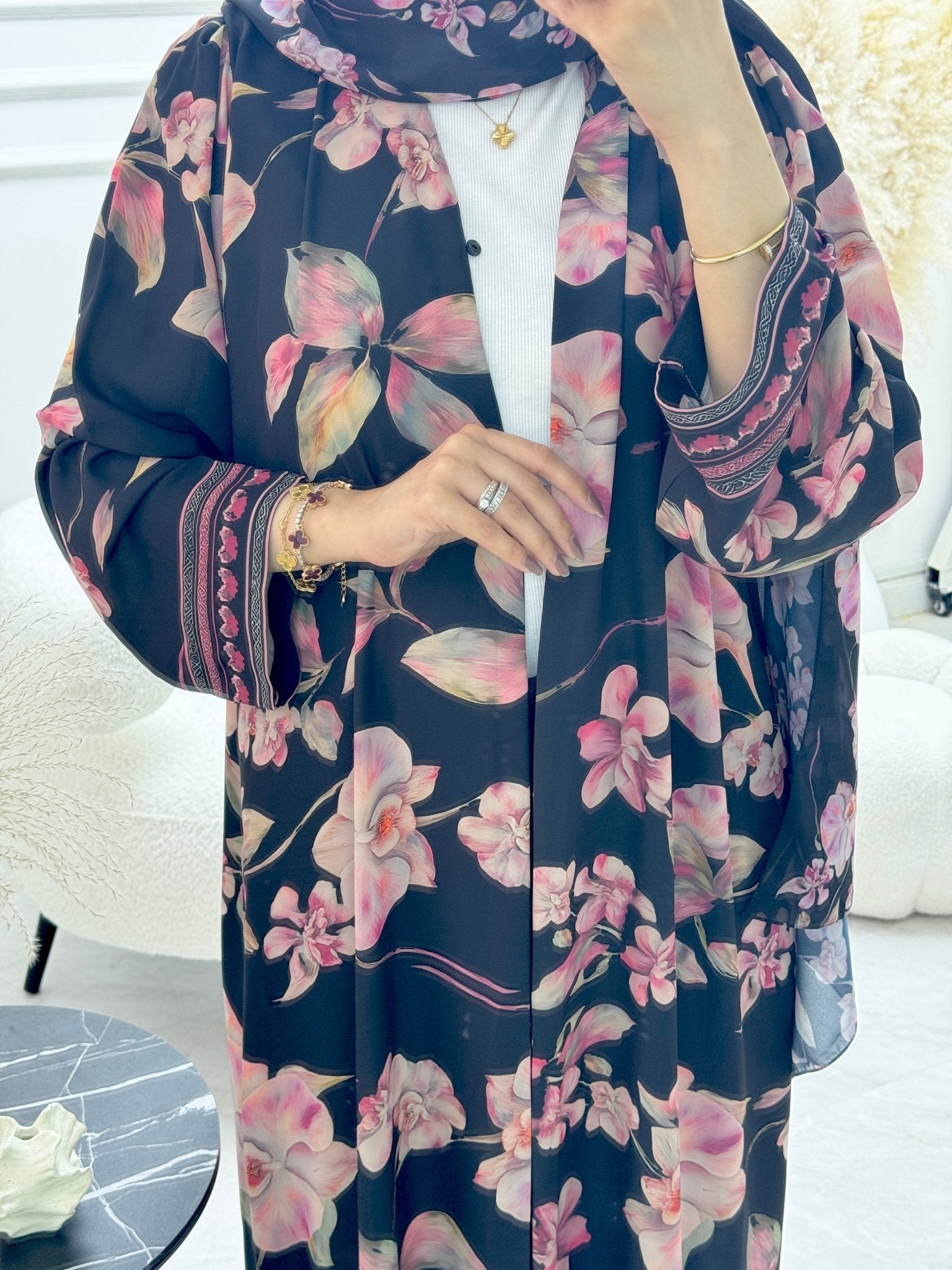 C 1253 Black Orchid Printed Abaya