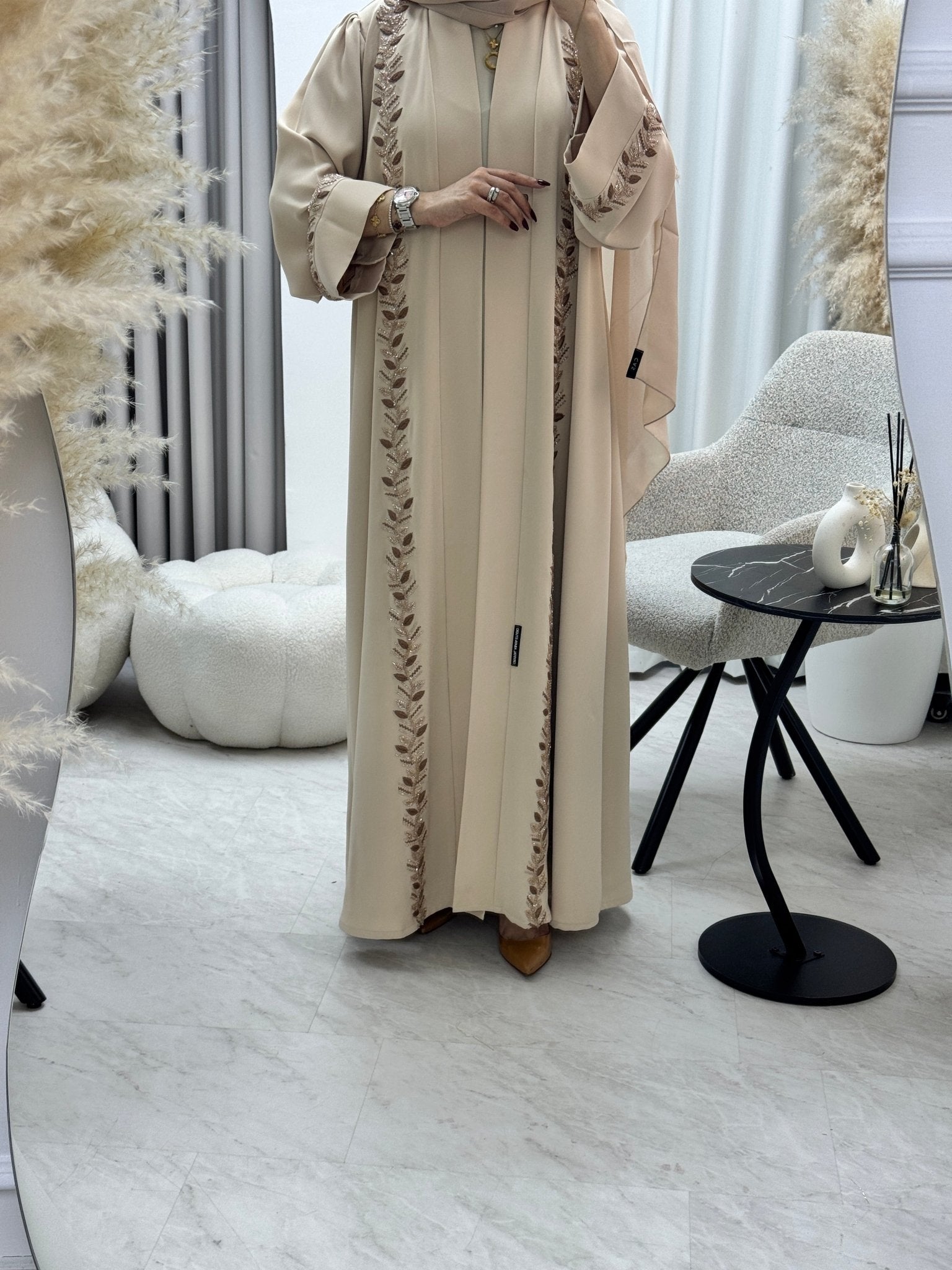 C 1286 Beige Leaf Beaded Abaya