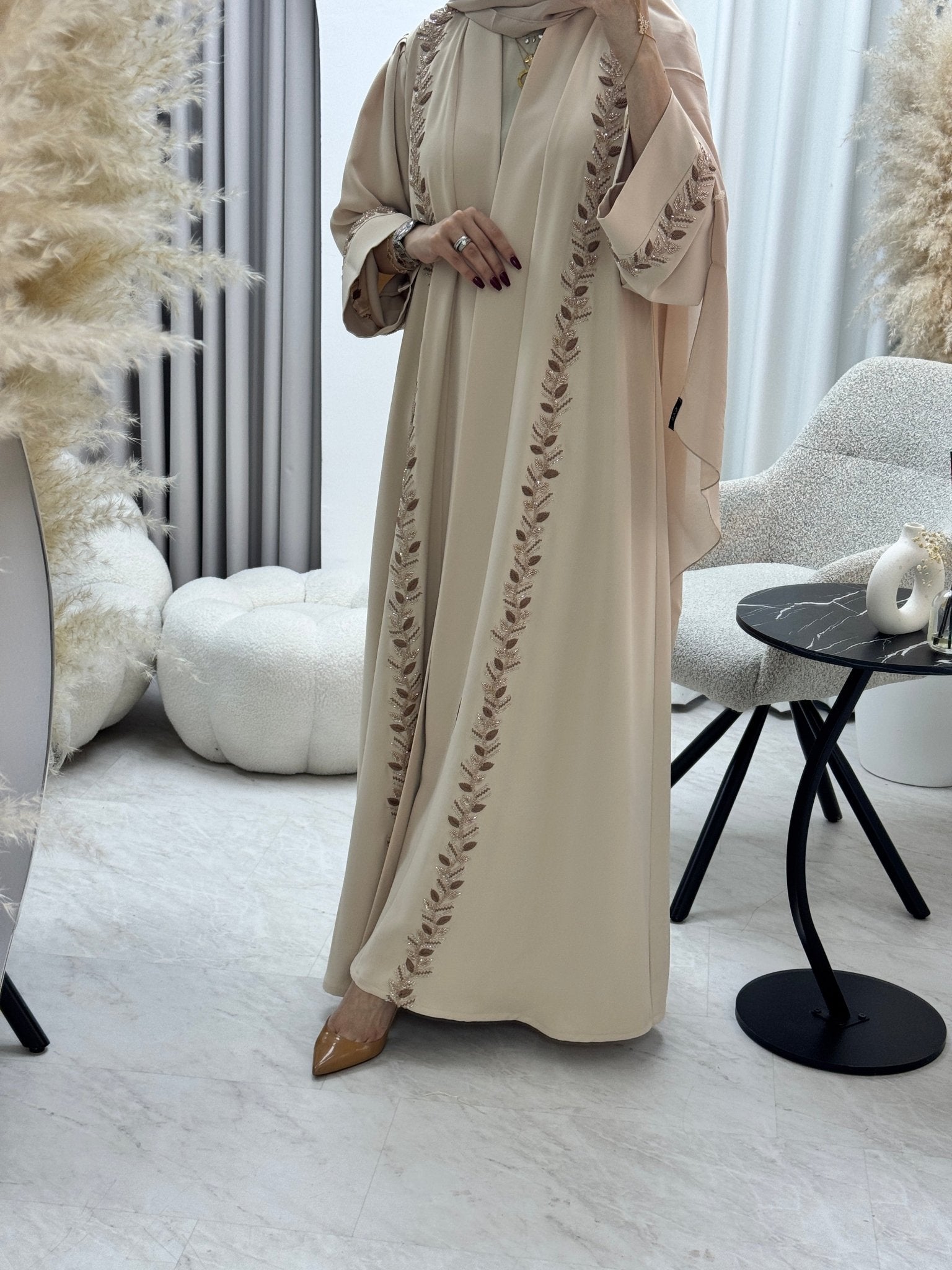 C 1286 Beige Leaf Beaded Abaya