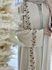 C 1286 Beige Leaf Beaded Abaya