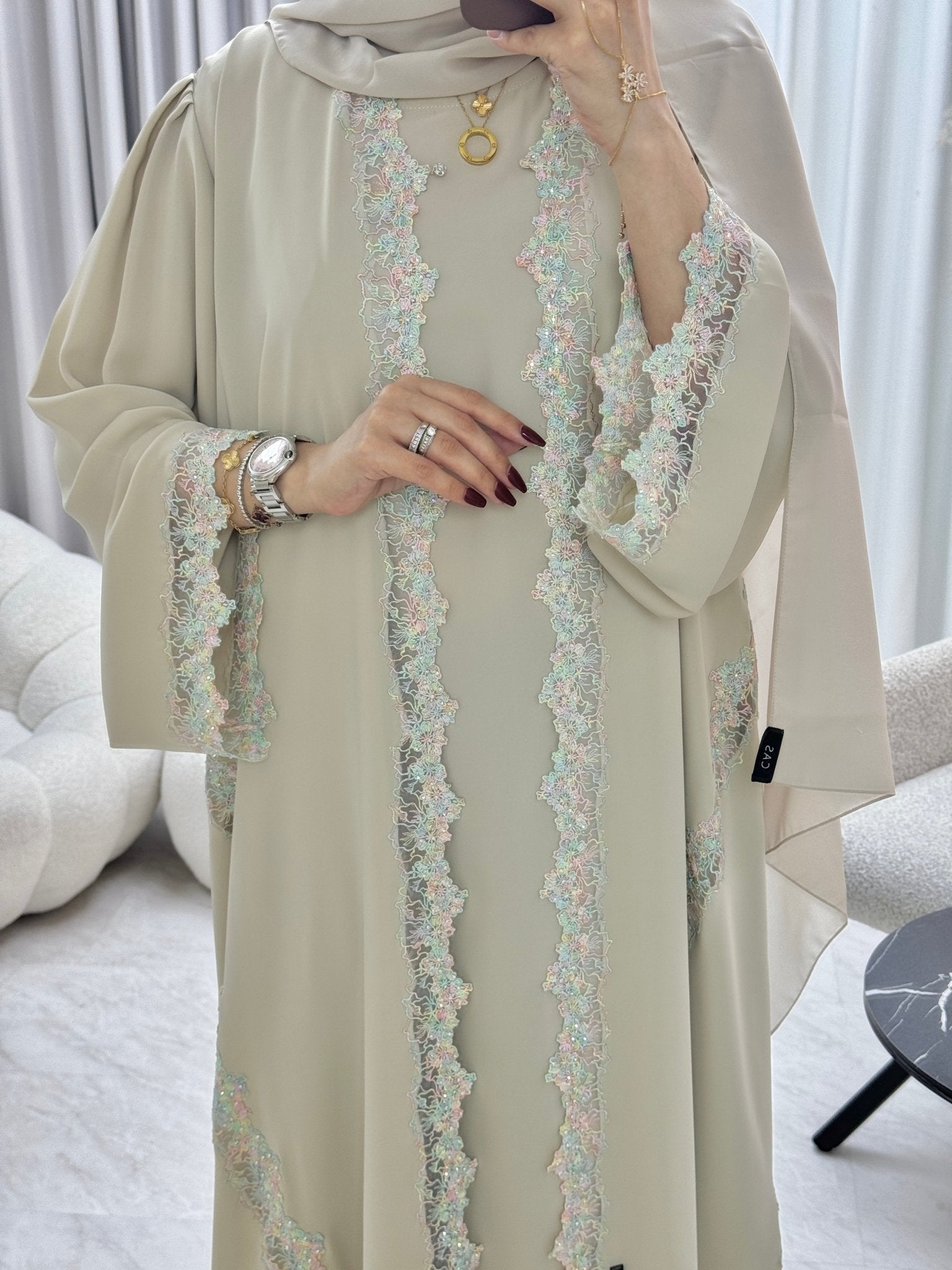 C 1287 Cream Floral Abaya