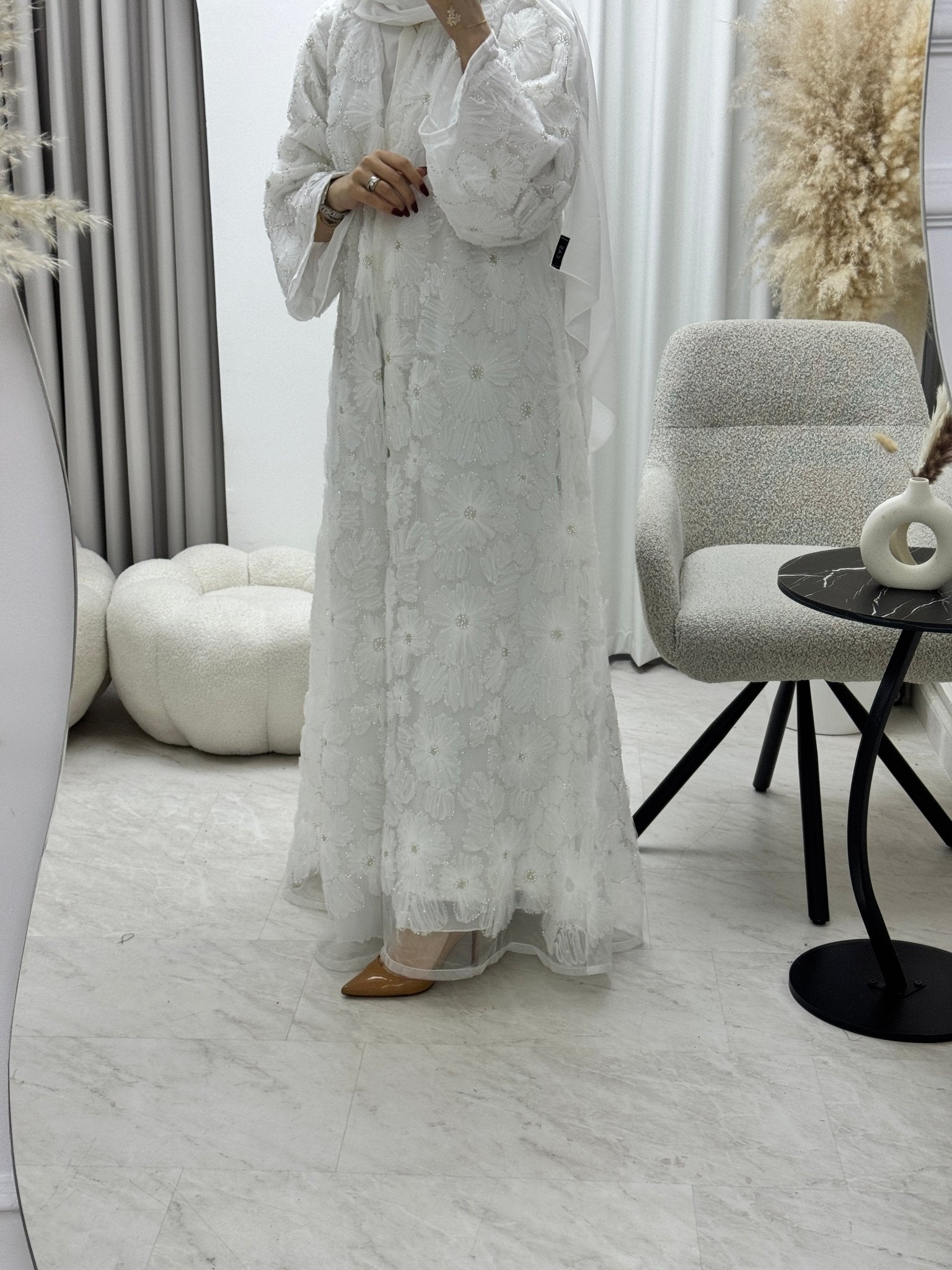 C 1289 - 01 White Beaded Dantel Abaya