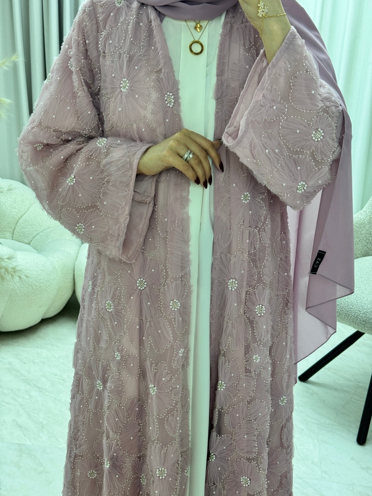 C 1289 - 03 Baby Pink Beaded Dantel Abaya