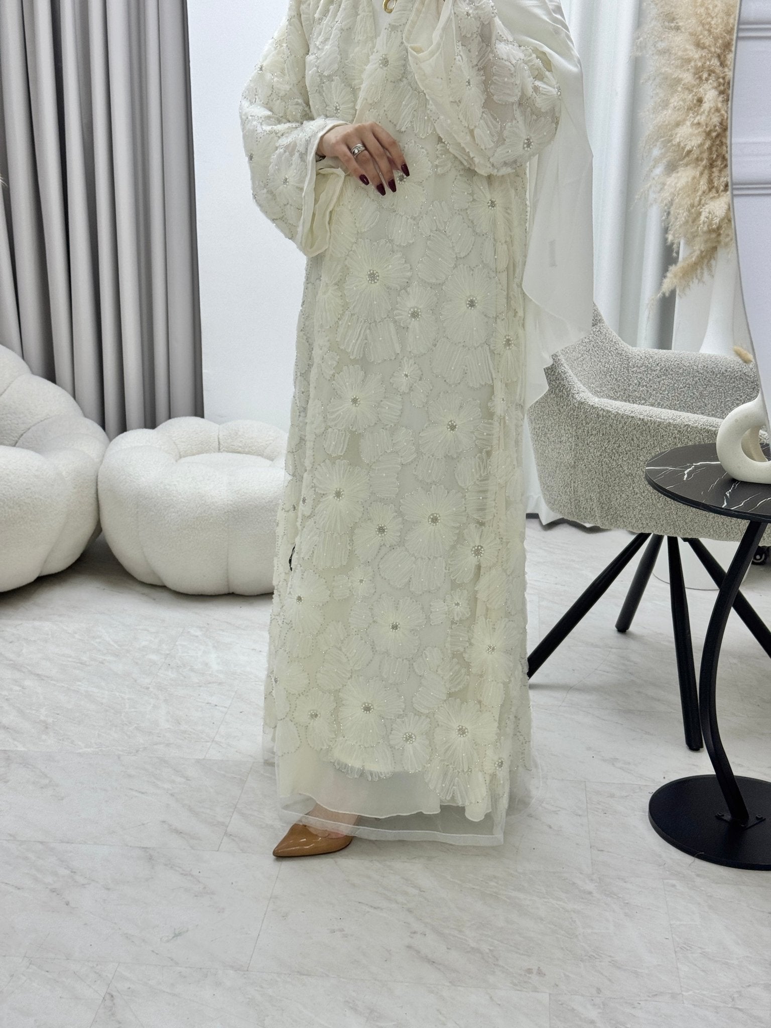 C 1289 - 04 Warm White Beaded Dantel Abaya