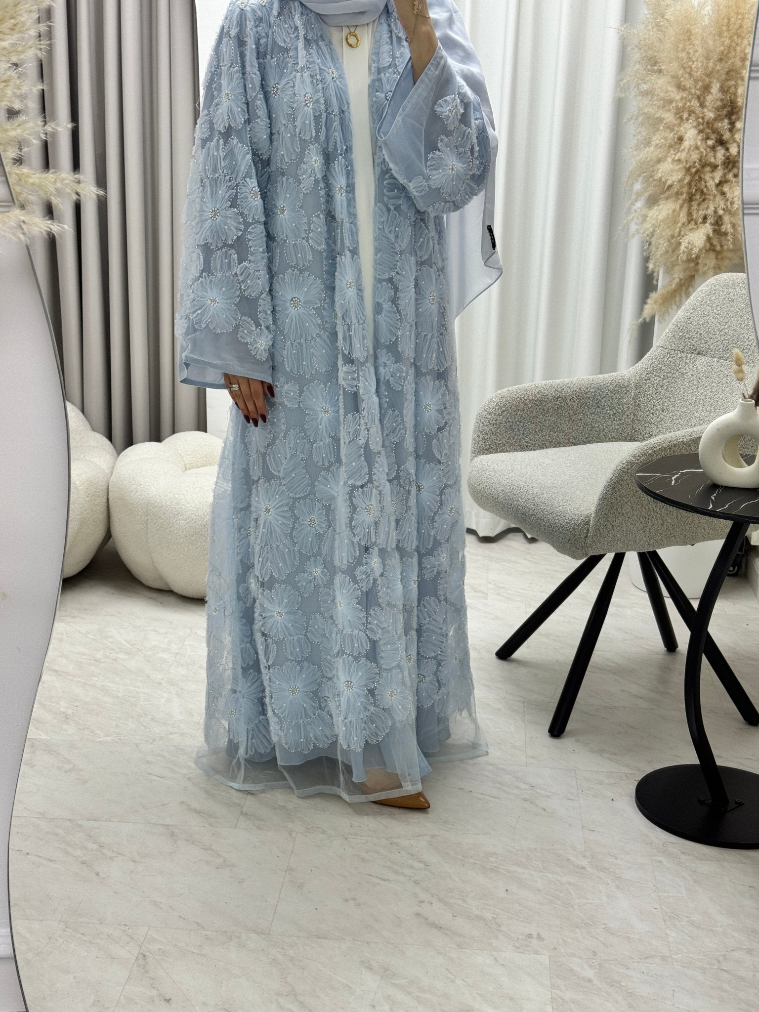 C 1289 - 05 Baby Blue Beaded Dantel Abaya