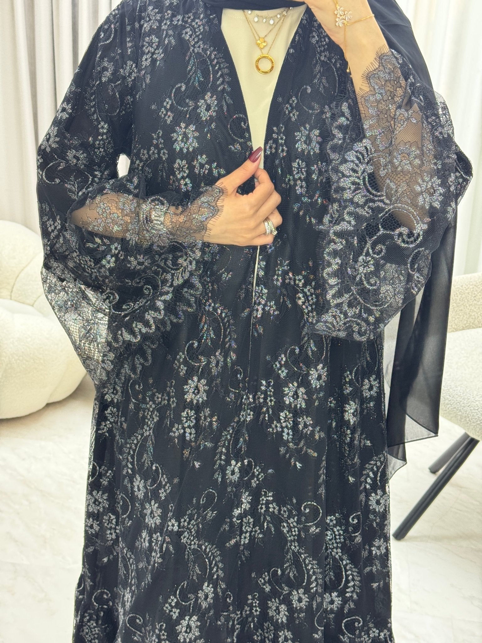 C 1290 - 04 Silver Black Dantel Abaya