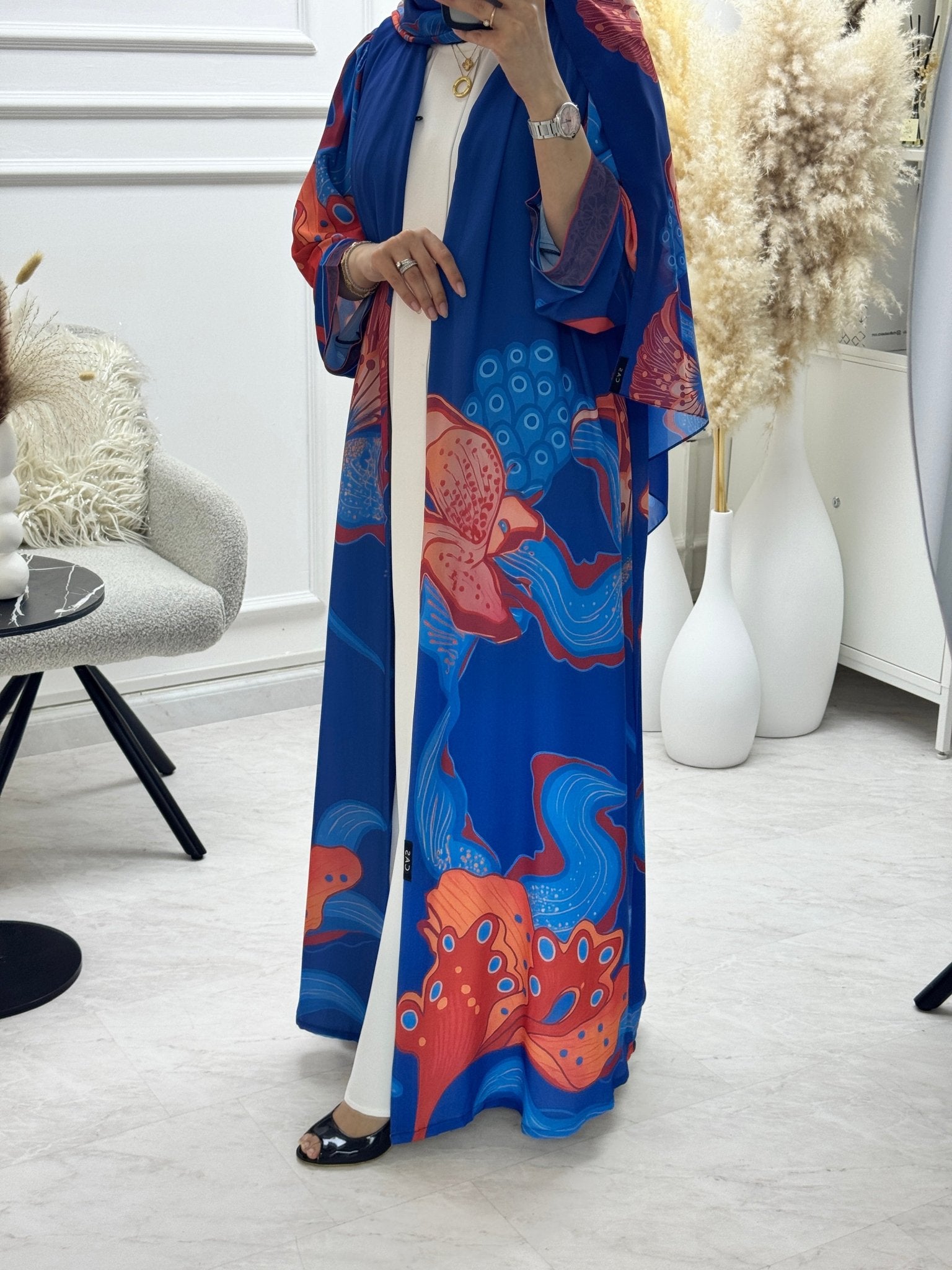 C 1291 Blue Coral Printed Abaya