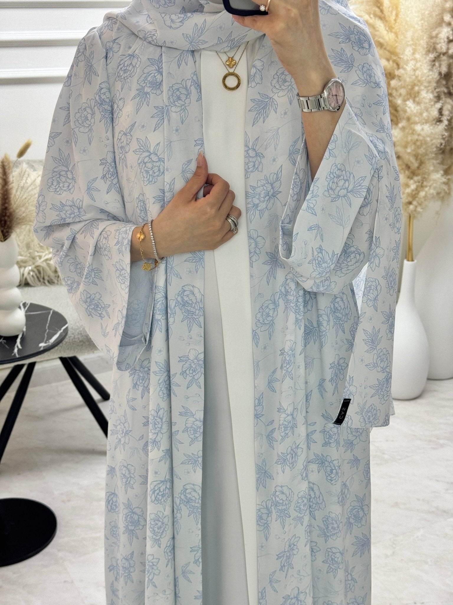C 1292 Light Blue Floral Printed Abaya