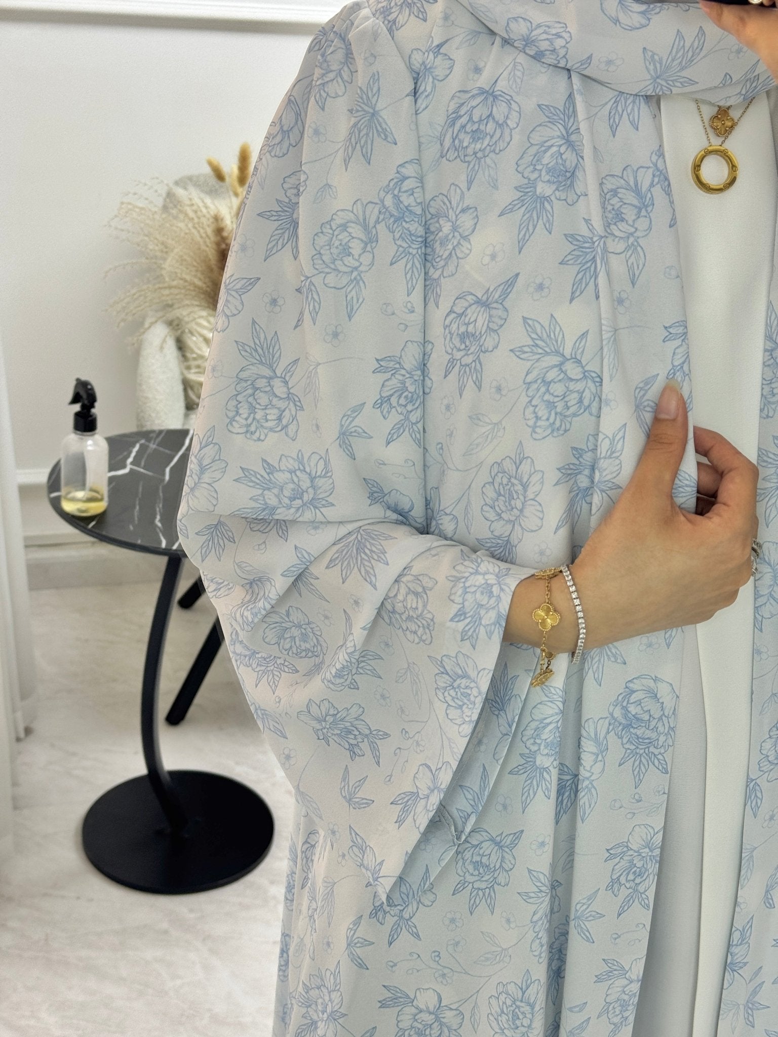 C 1292 Light Blue Floral Printed Abaya
