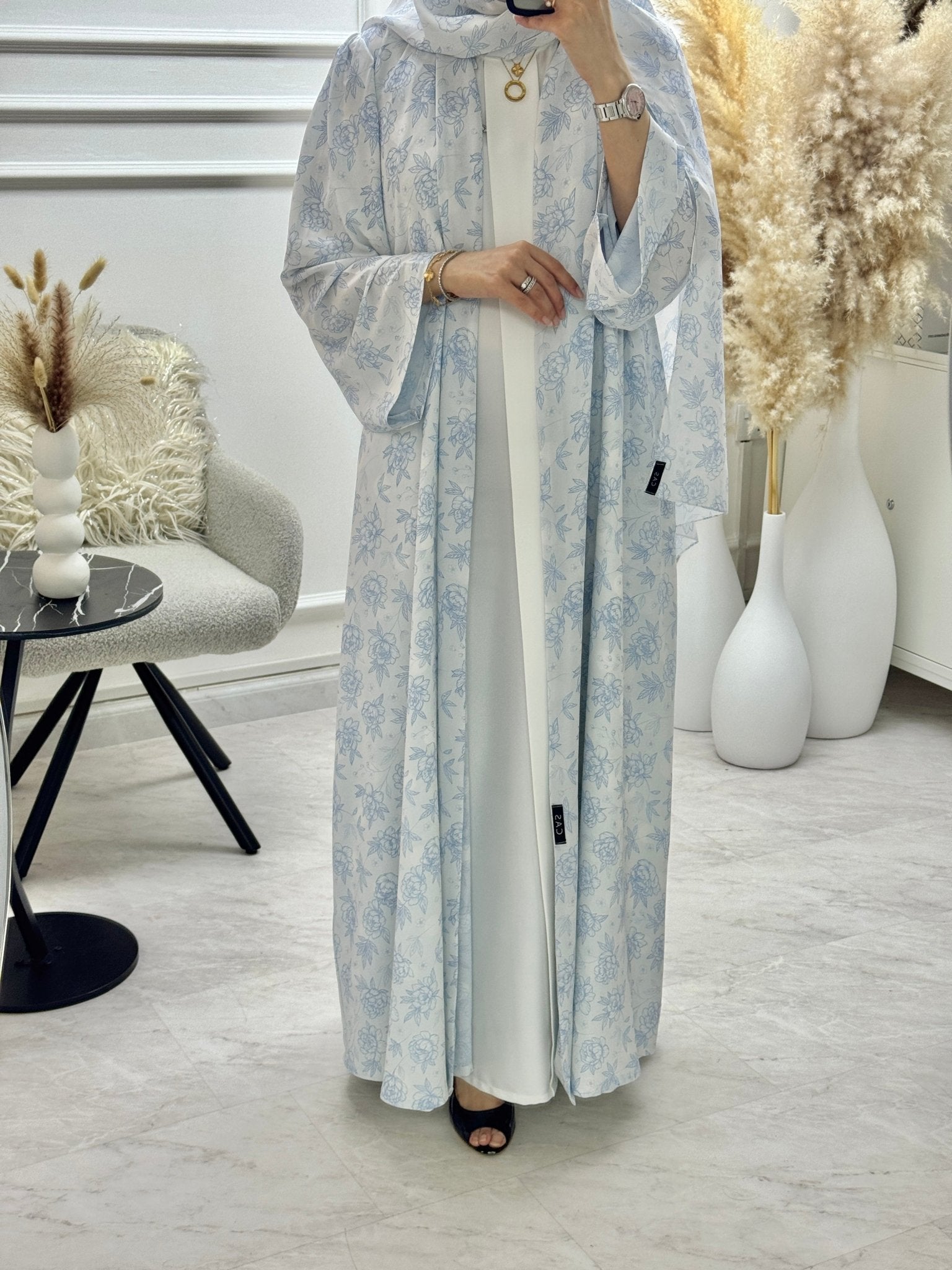 C 1292 Light Blue Floral Printed Abaya