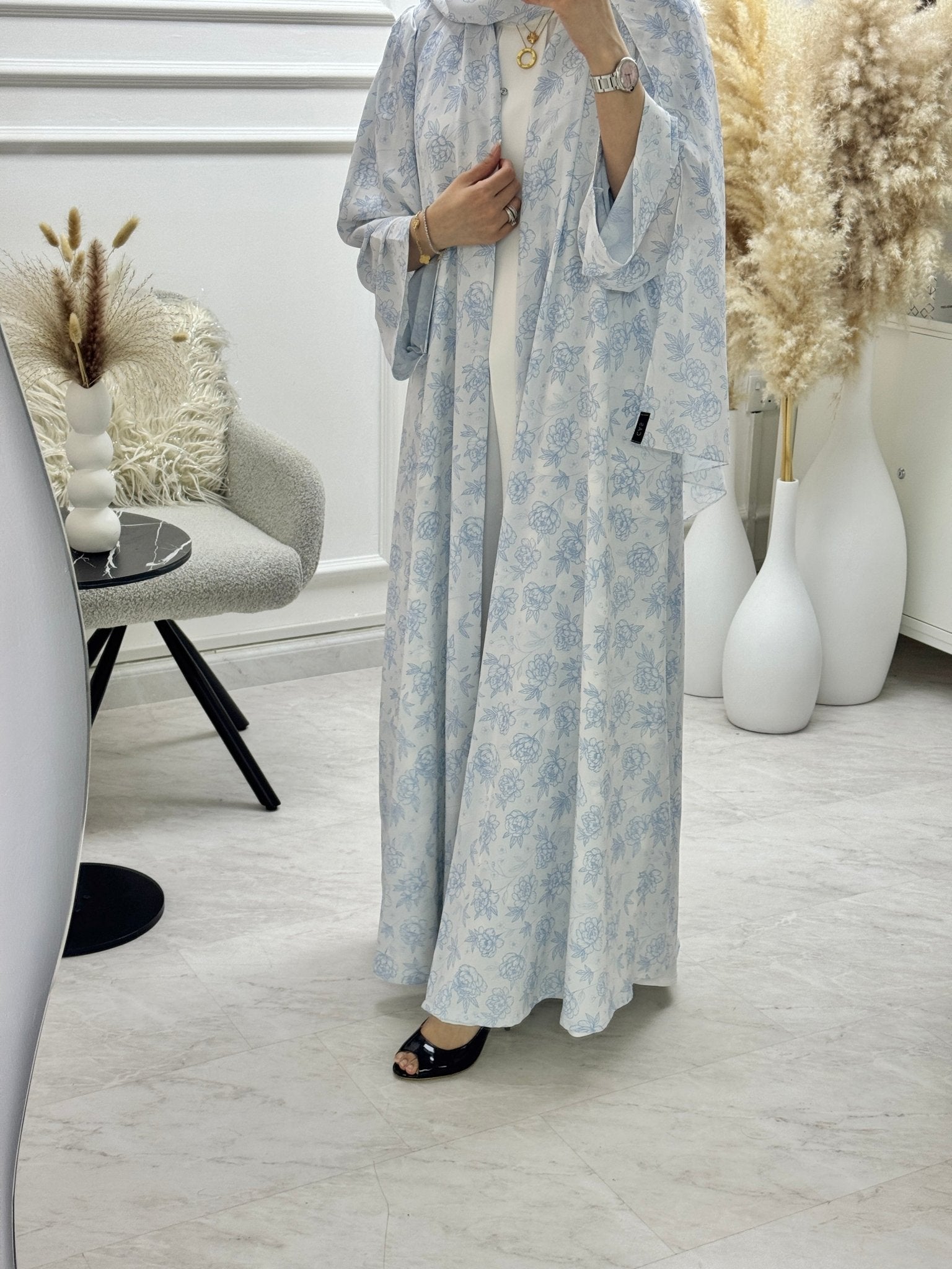 C 1292 Light Blue Floral Printed Abaya