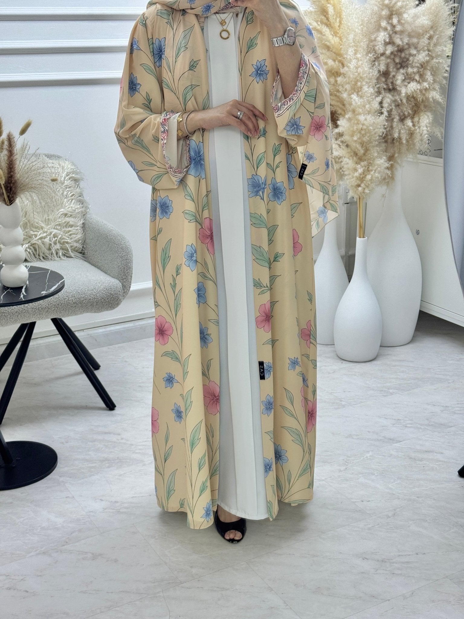 C 1296 Beige Floral Printed Abaya