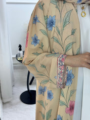 C 1296 Beige Floral Printed Abaya