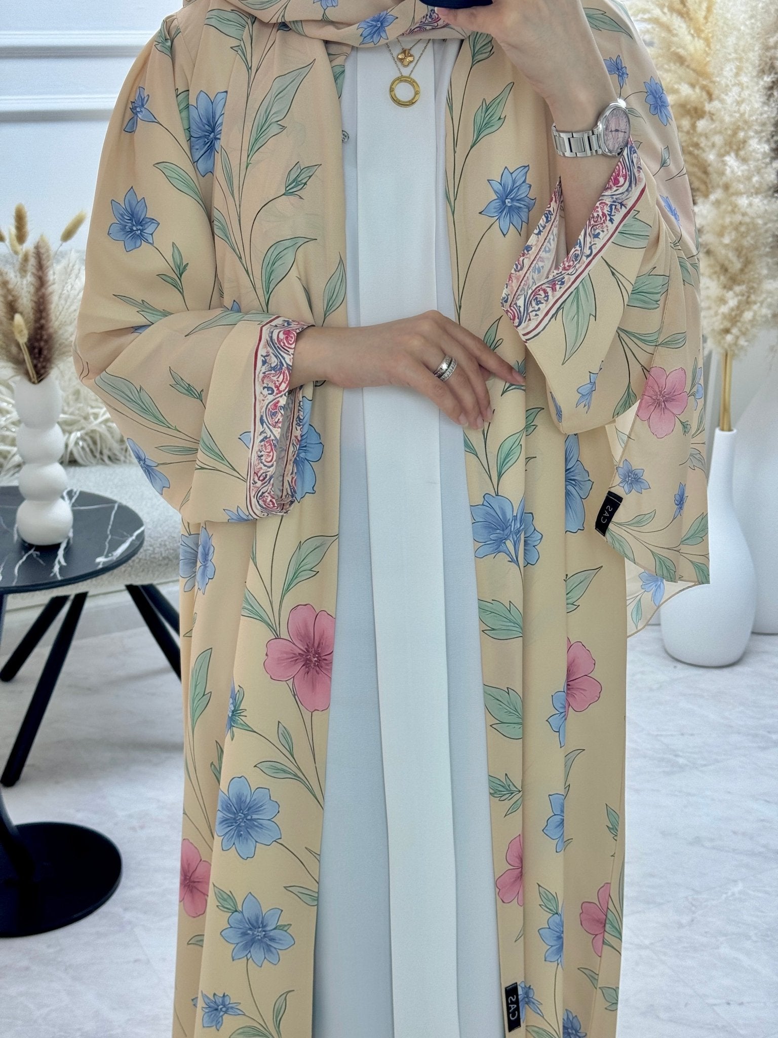 C 1296 Beige Floral Printed Abaya