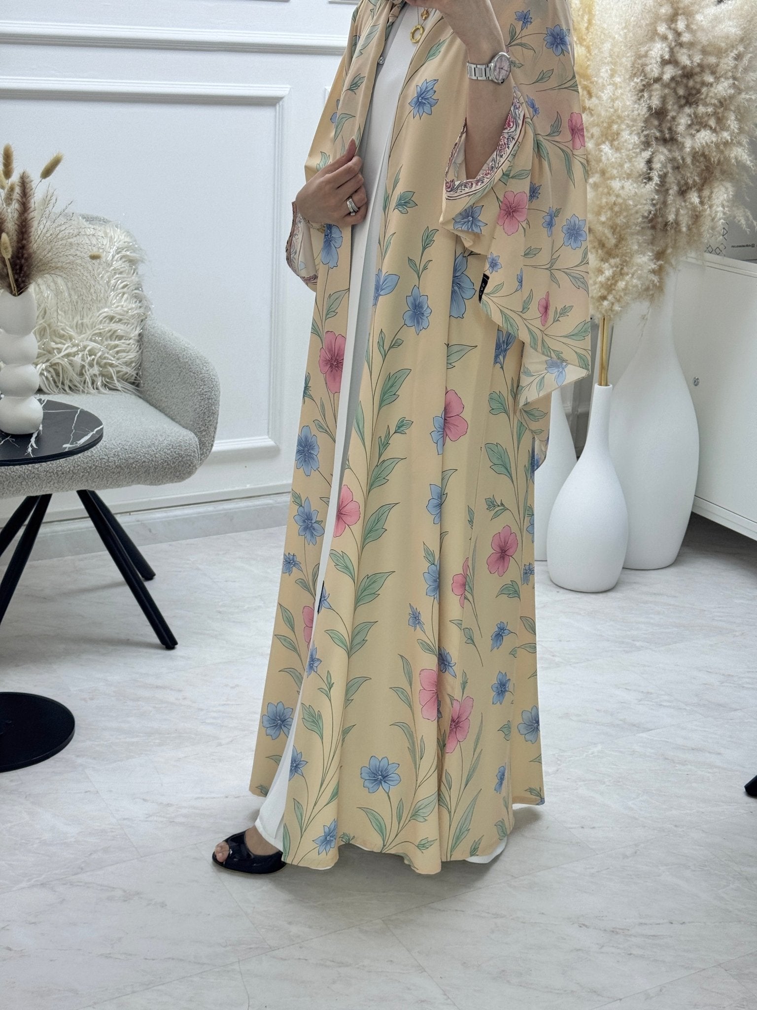 C 1296 Beige Floral Printed Abaya