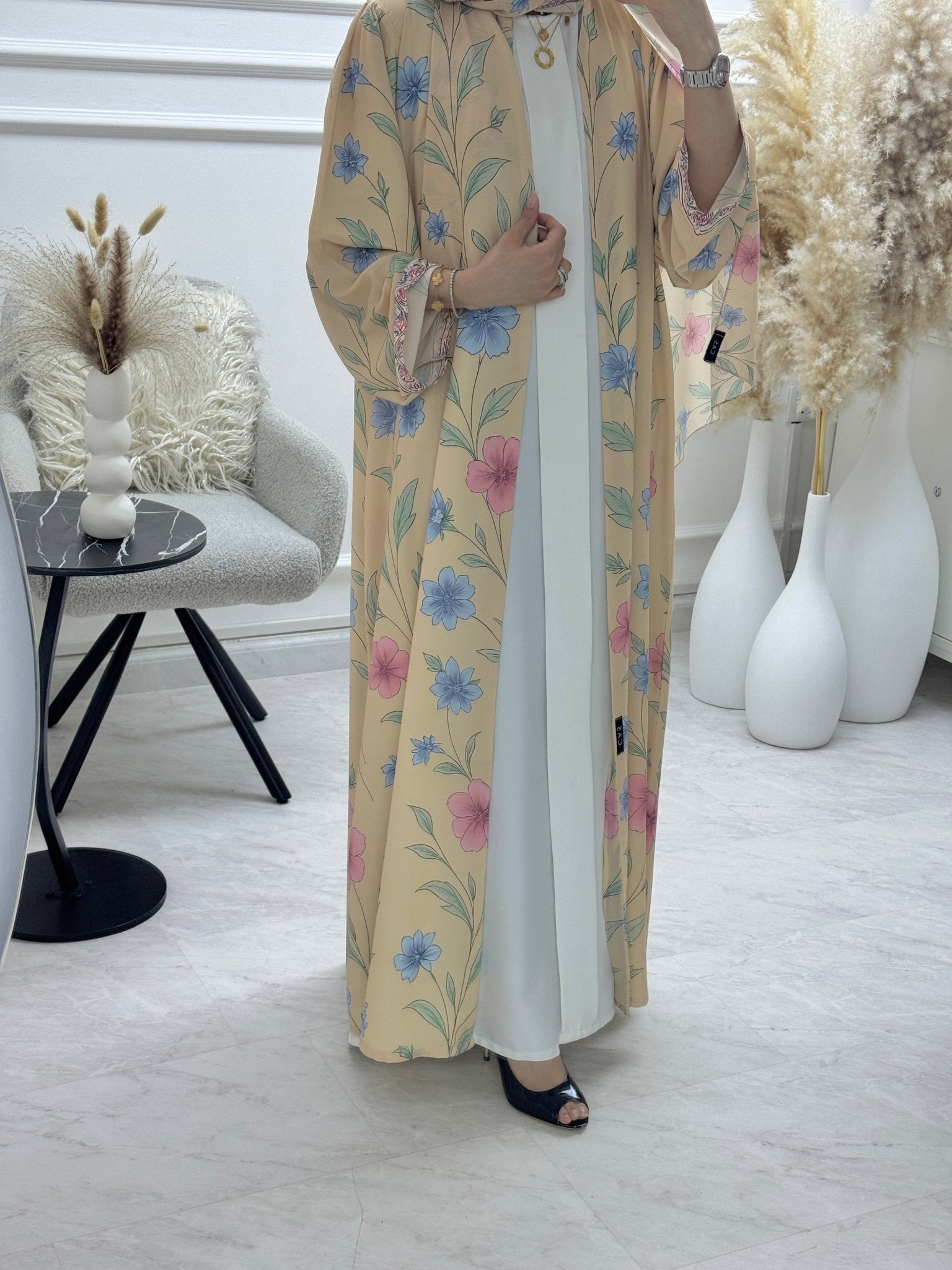 C 1296 Beige Floral Printed Abaya
