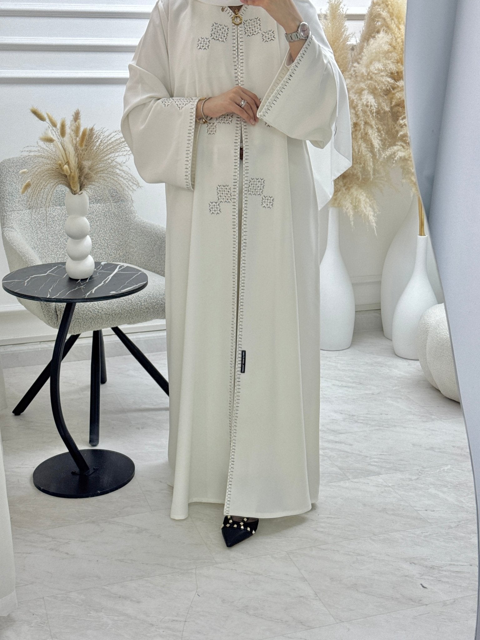 C 1320 Off White Embroidered Abaya