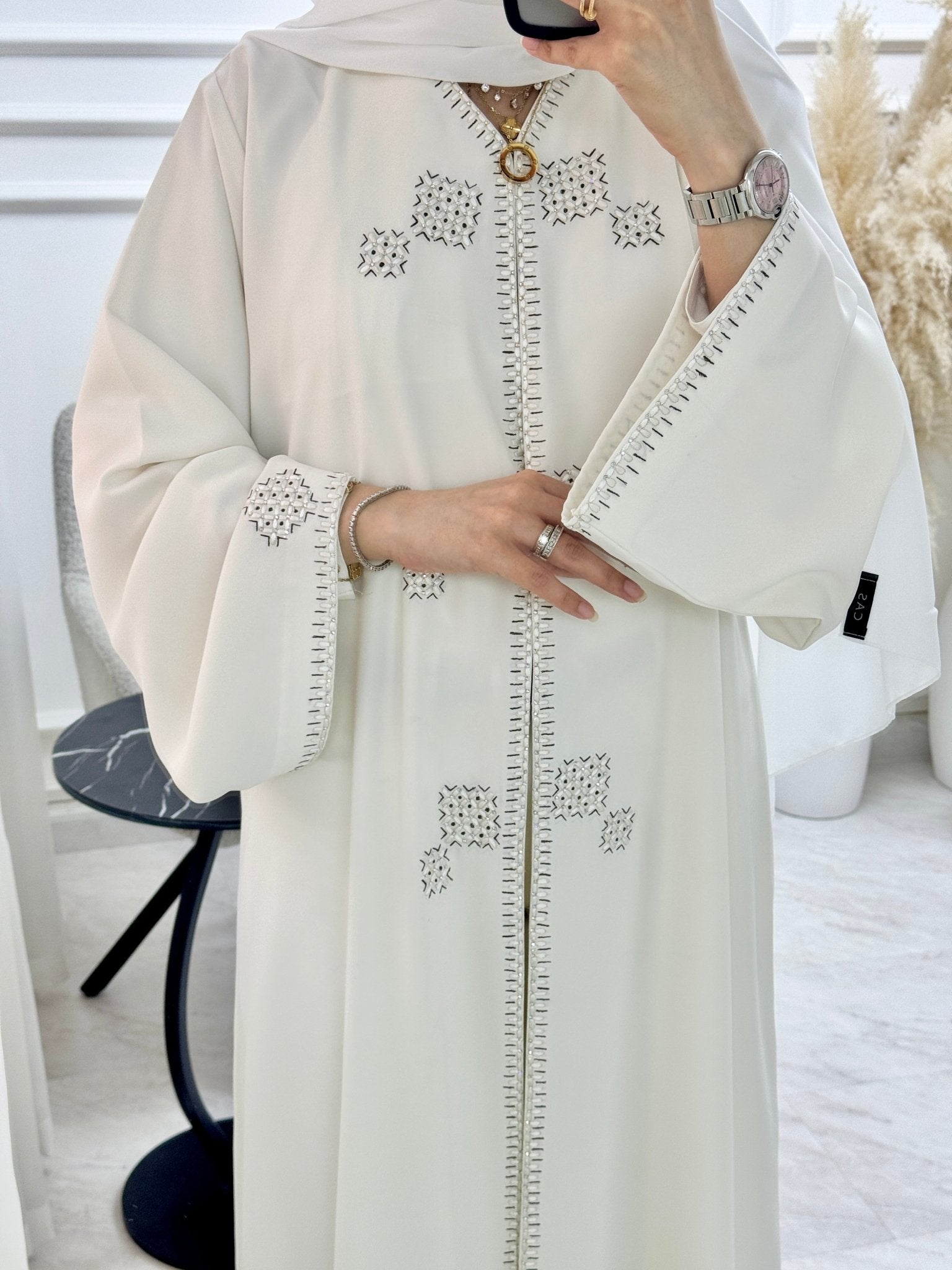 C 1320 Off White Embroidered Abaya