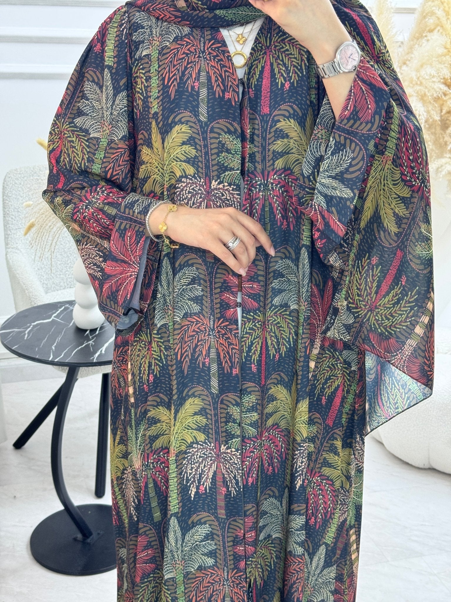 C 1321 Green Palm Printed Abaya