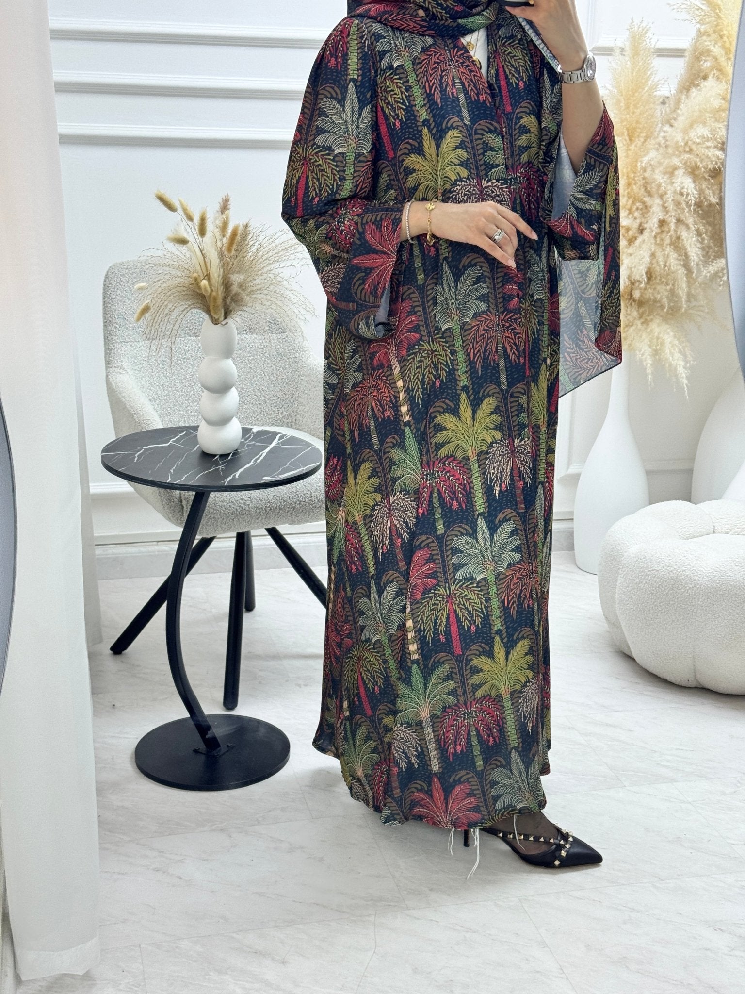 C 1321 Green Palm Printed Abaya