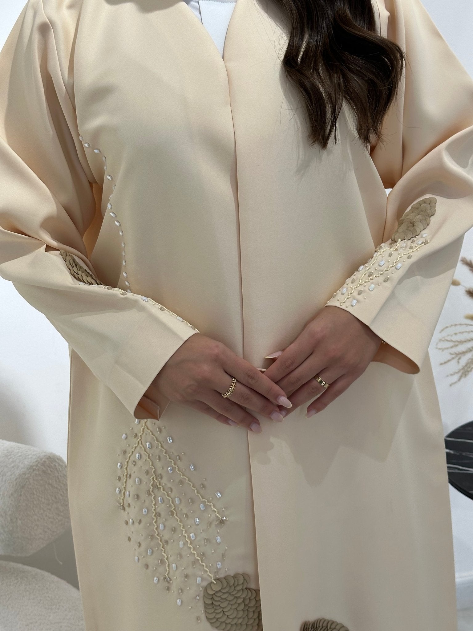 C 1342 Dark Cream Beaded Abaya