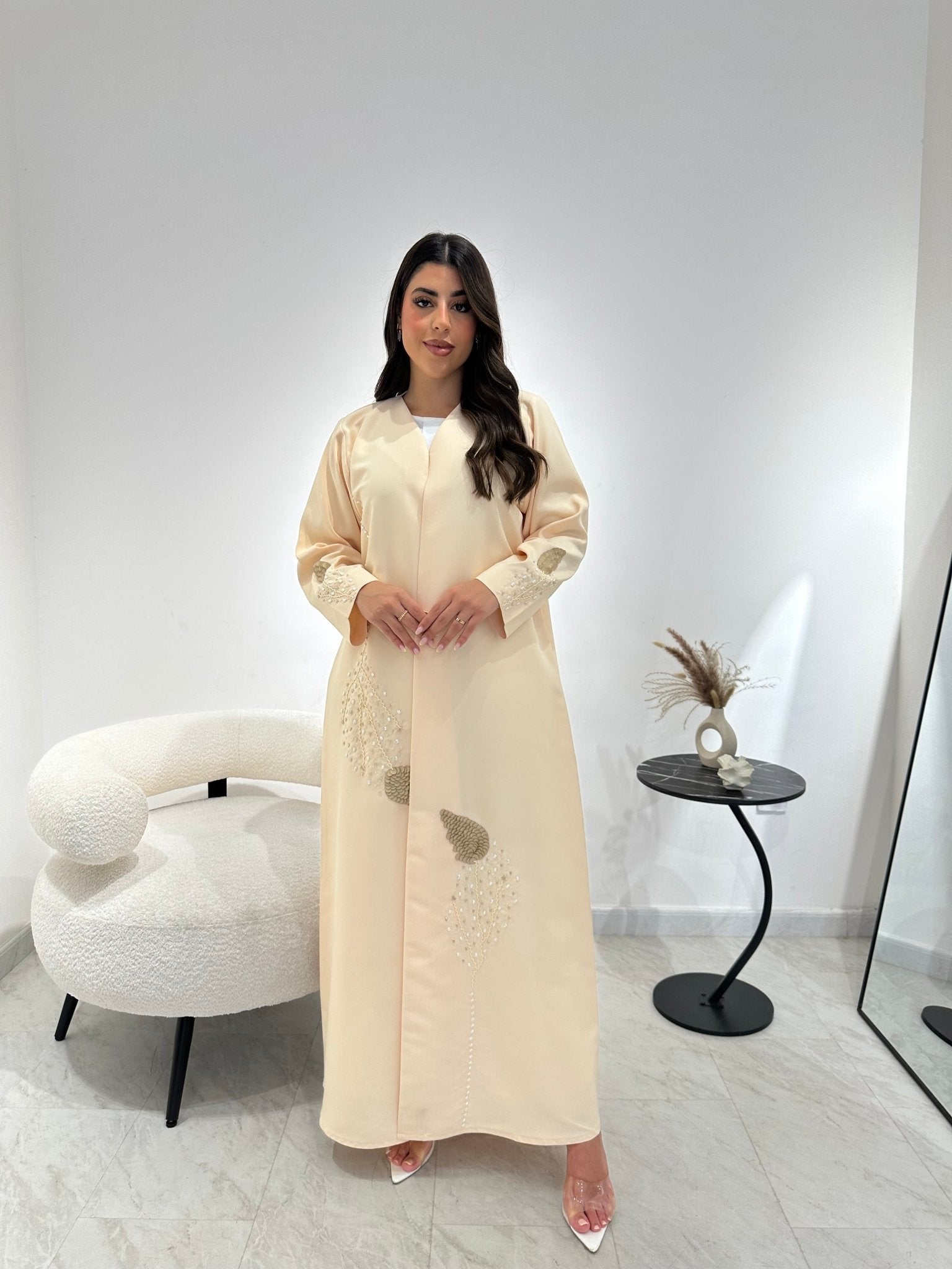 C 1342 Dark Cream Beaded Abaya