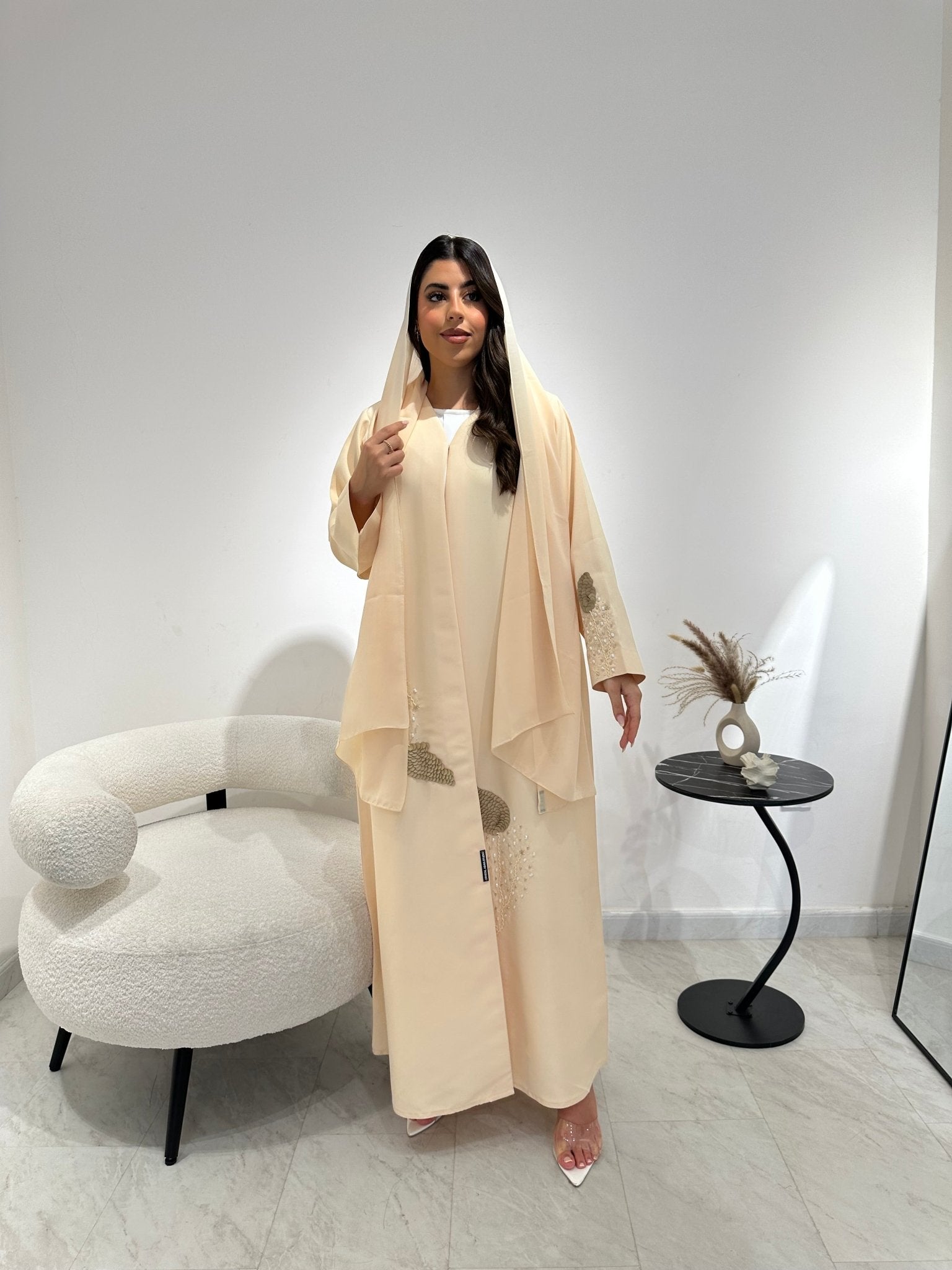 C 1342 Dark Cream Beaded Abaya