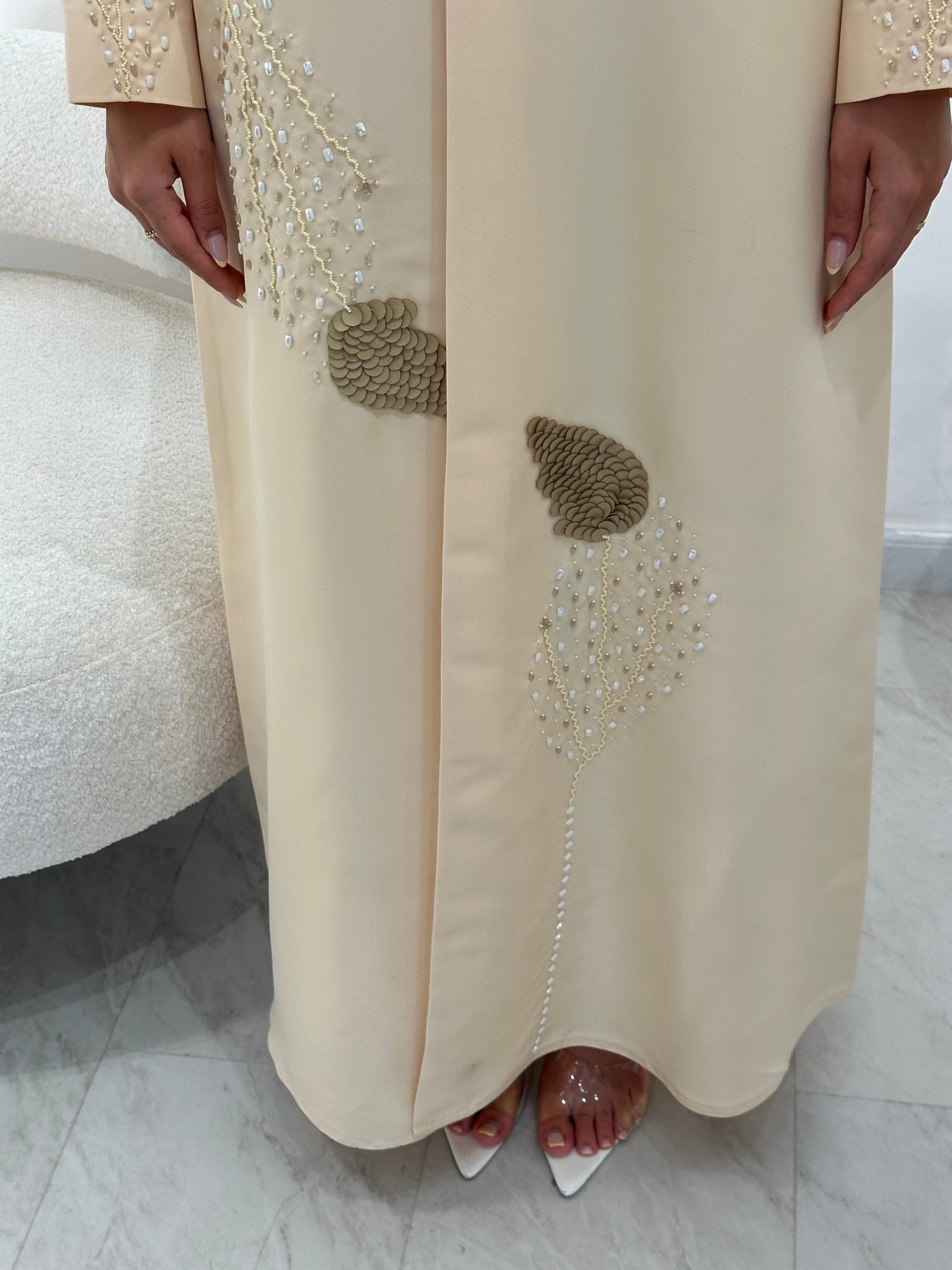 C 1342 Dark Cream Beaded Abaya