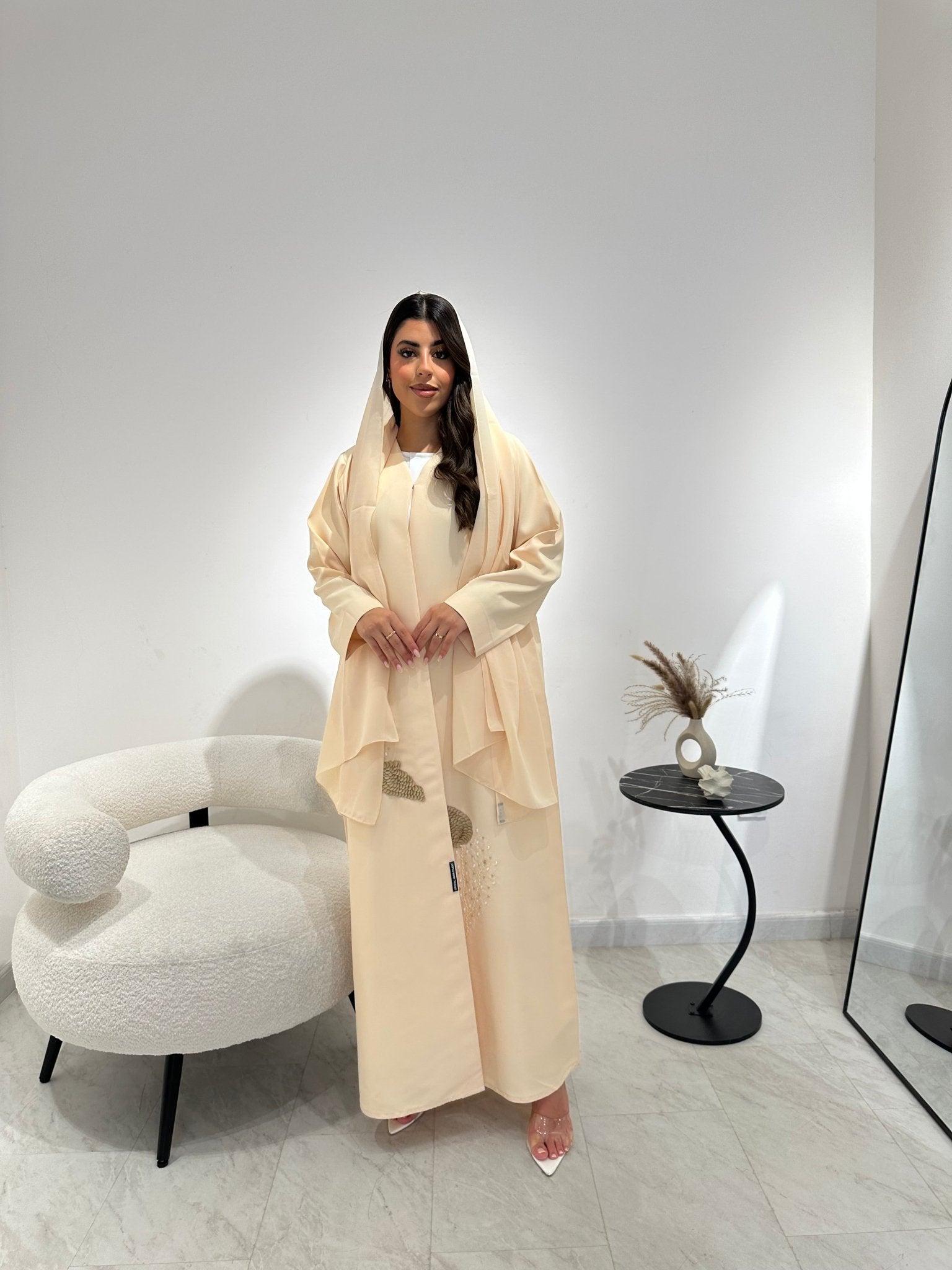 C 1342 Dark Cream Beaded Abaya