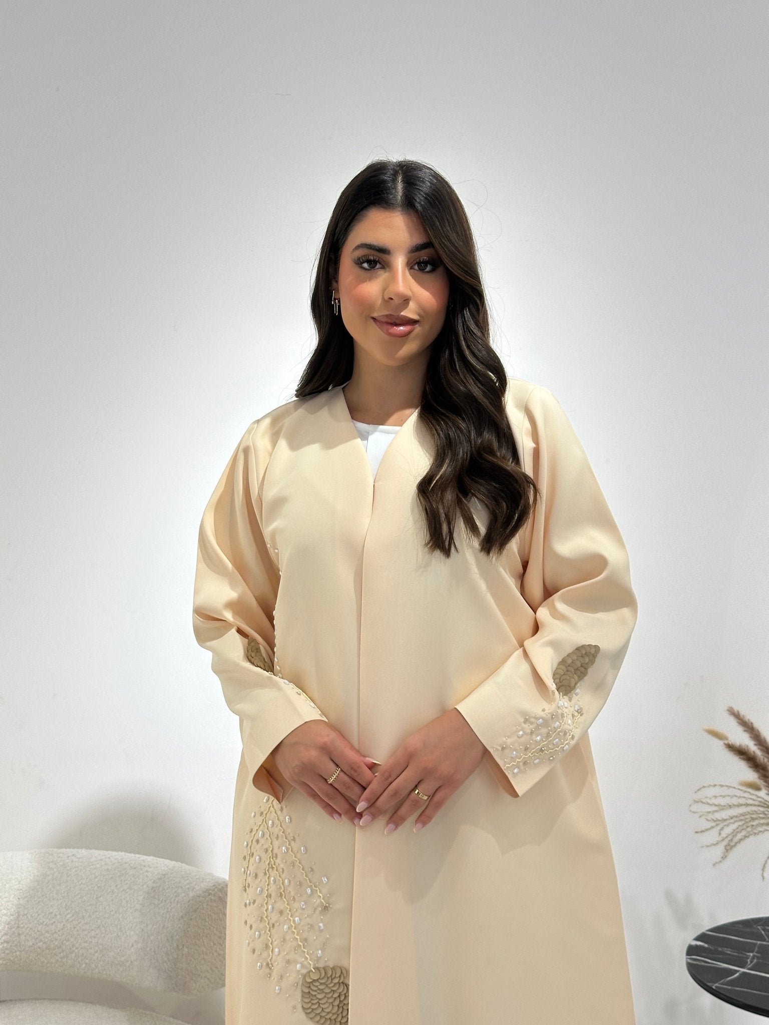 C 1342 Dark Cream Beaded Abaya