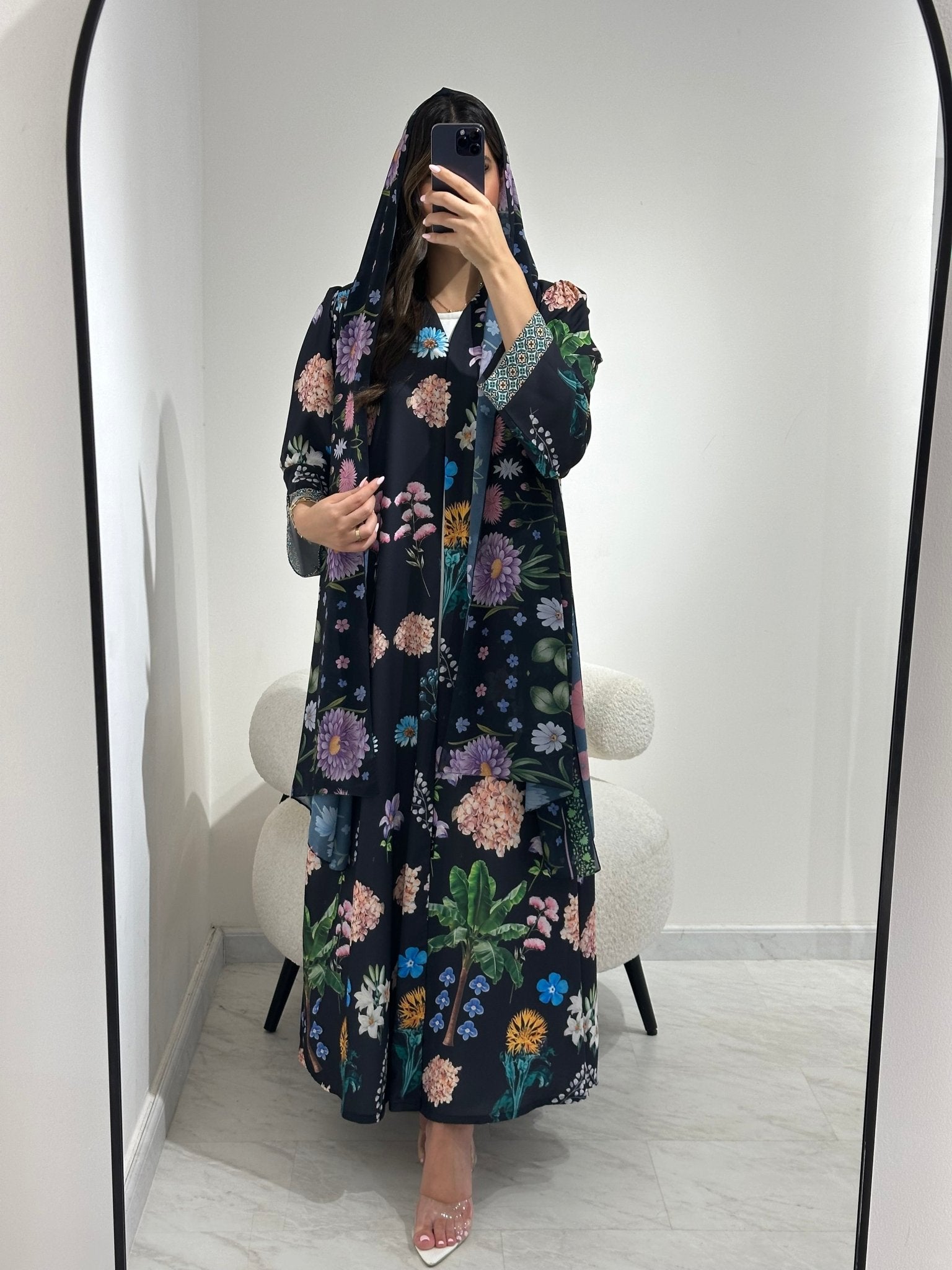 C 1365 Black Floral Printed Abaya