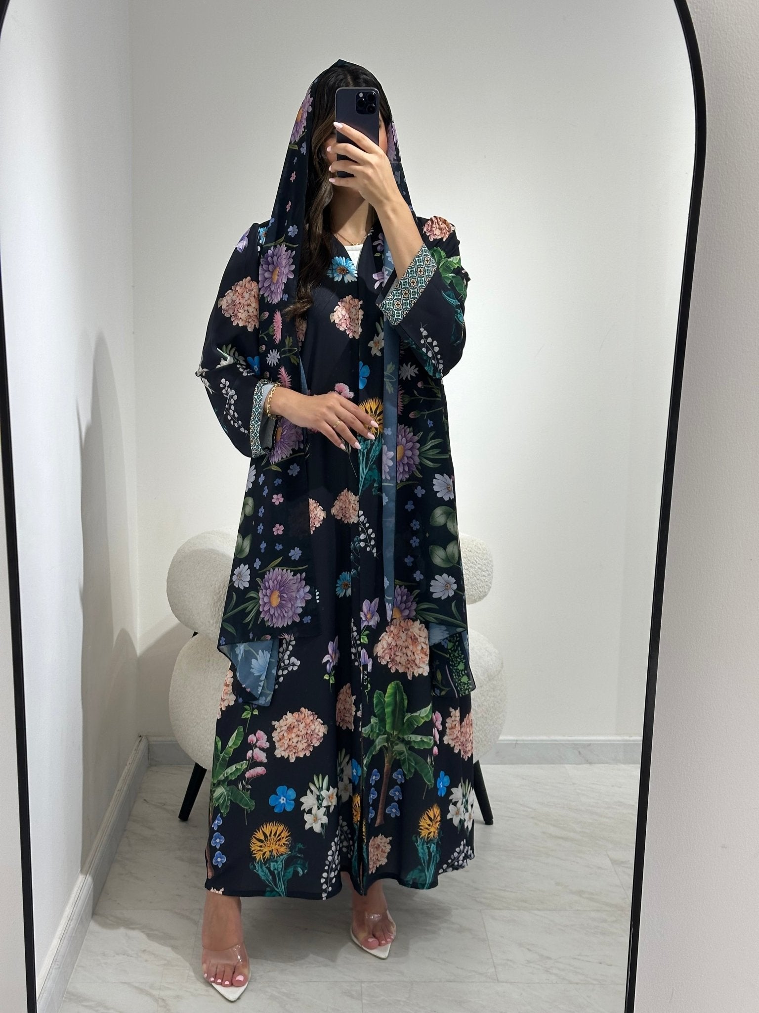 C 1365 Black Floral Printed Abaya