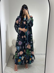 C 1365 Black Floral Printed Abaya