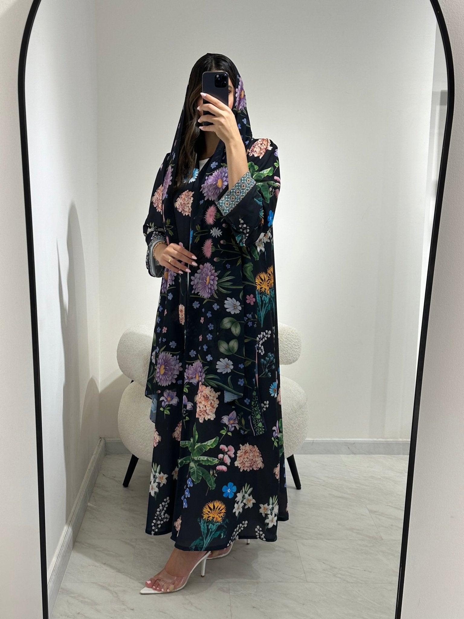 C 1365 Black Floral Printed Abaya