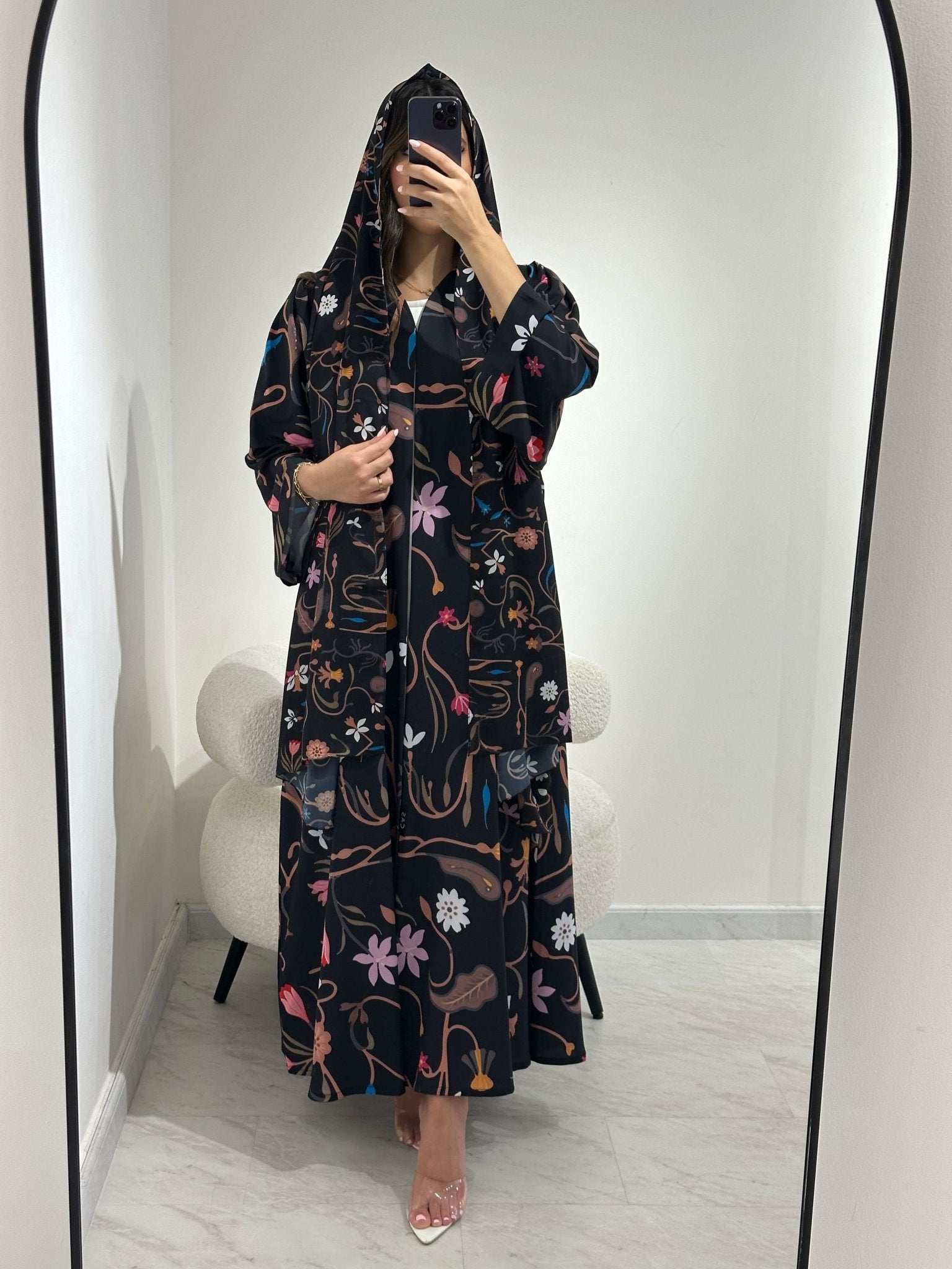 C 1372 Black Floral Printed Abaya