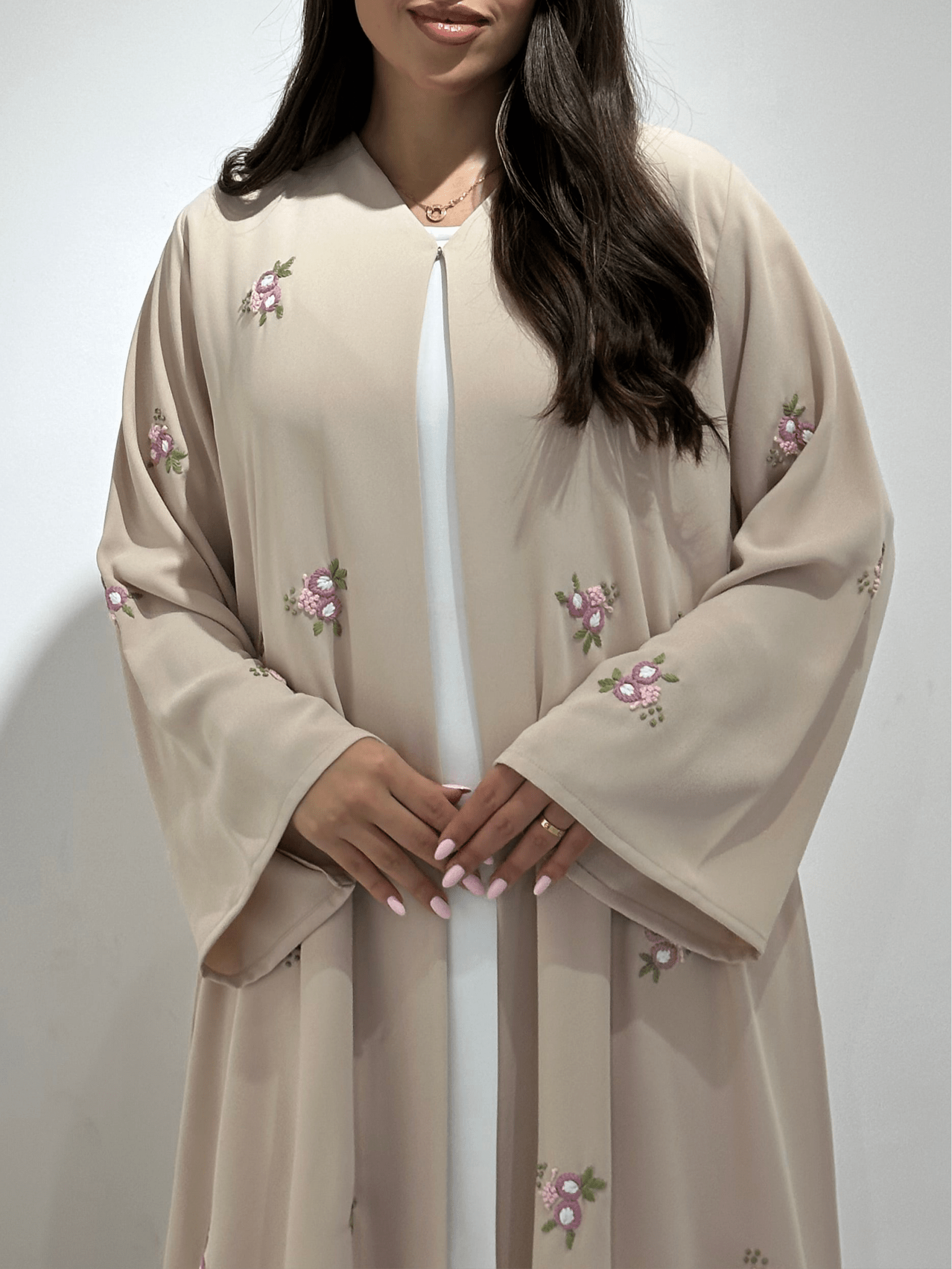 C 1376 Beige Floral Embroidered Abaya
