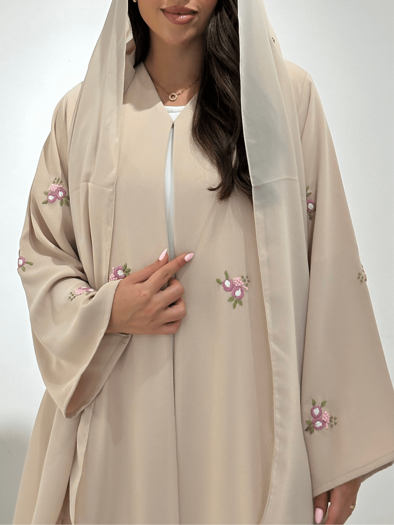 C 1376 Beige Floral Embroidered Abaya