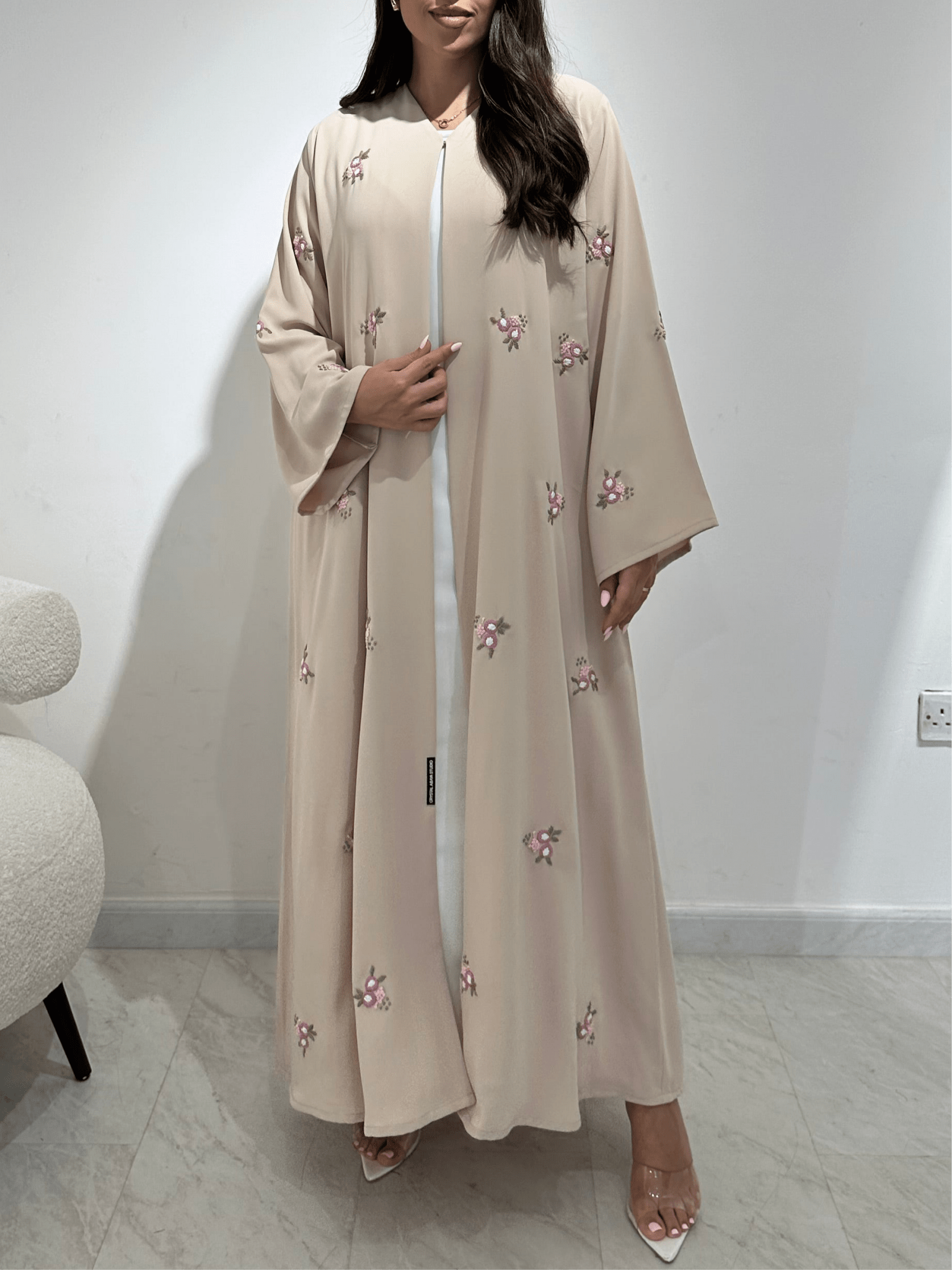 C 1376 Beige Floral Embroidered Abaya