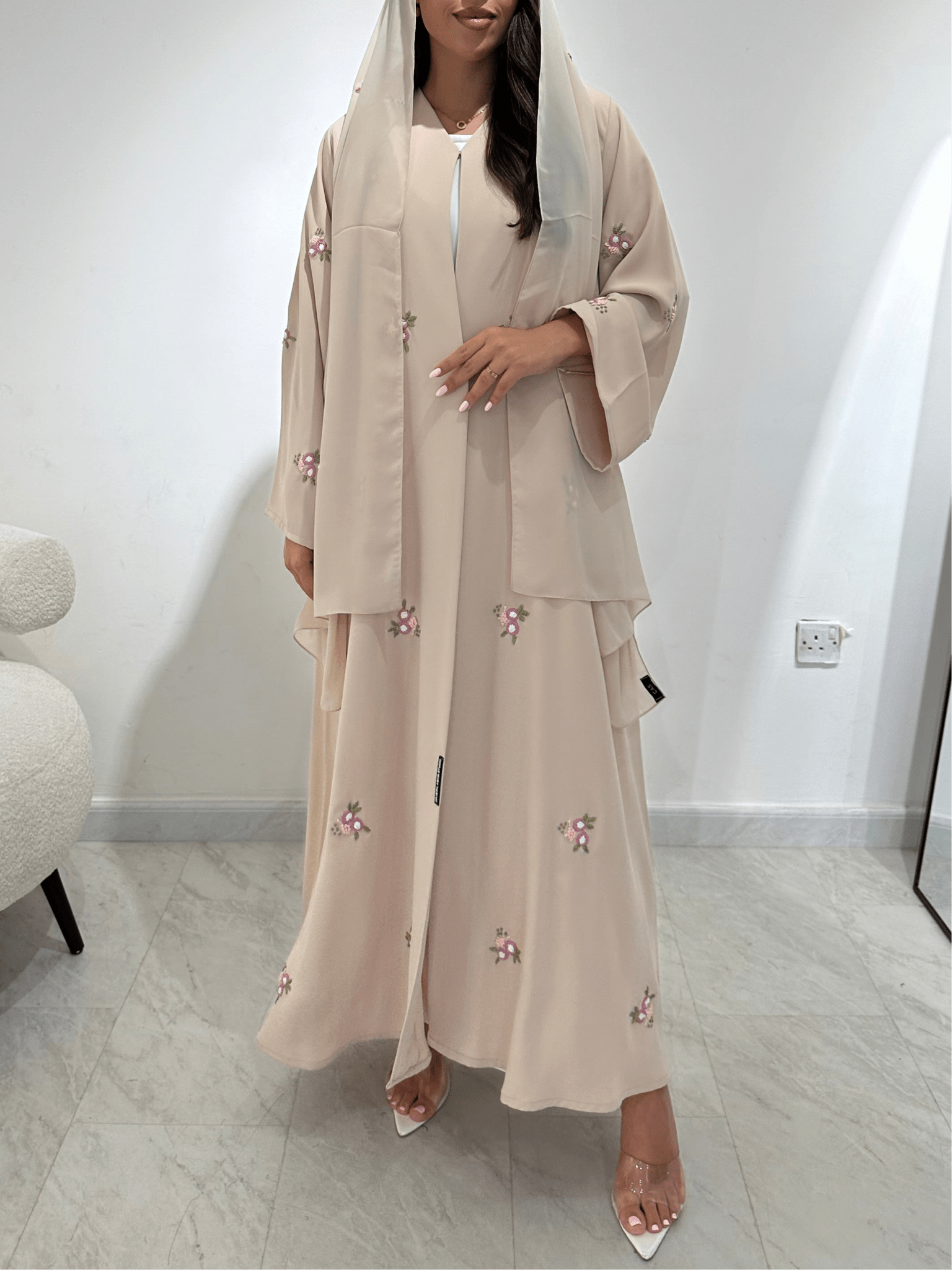 C 1376 Beige Floral Embroidered Abaya