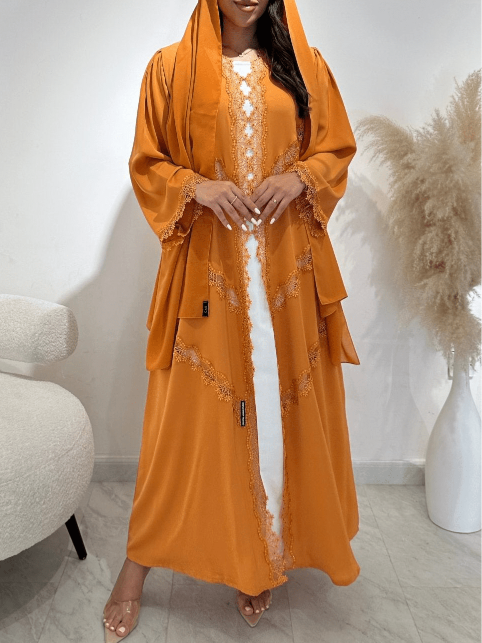 C 1408 Apricot Lace Abaya
