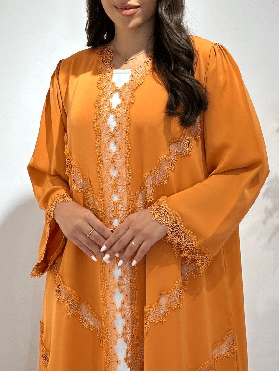 C 1408 Apricot Lace Abaya