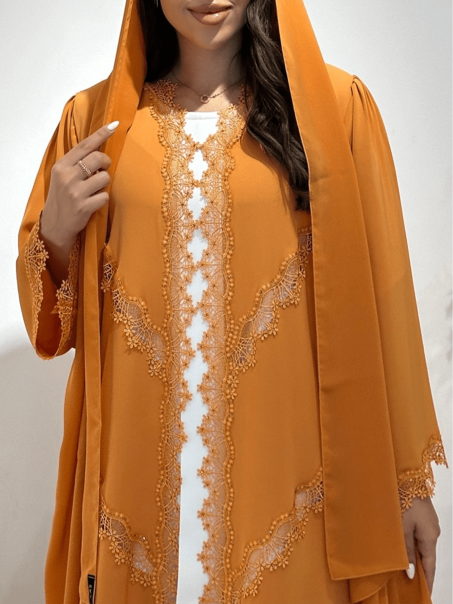 C 1408 Apricot Lace Abaya