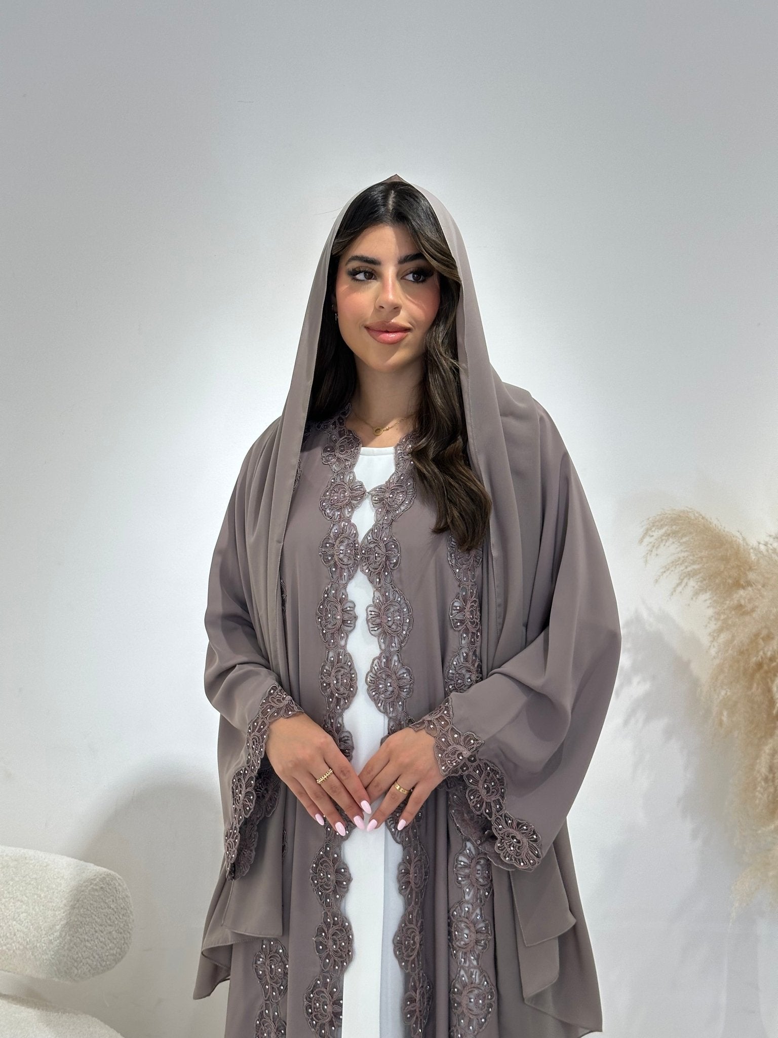 C 1409 Ash Floral Lace Abaya